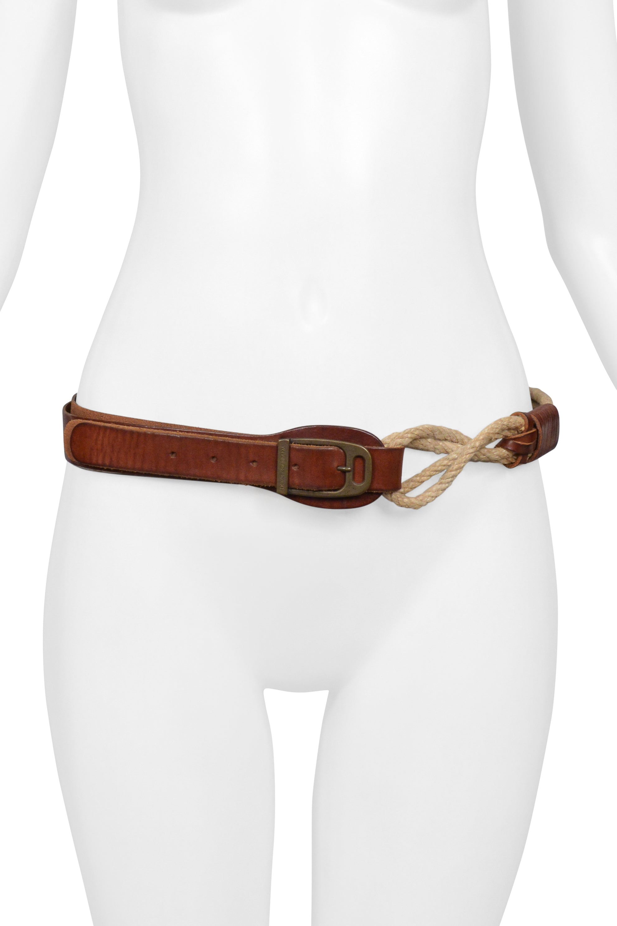 DOLCE & GABBANA BROWN LEATHER AND ROPE BELT