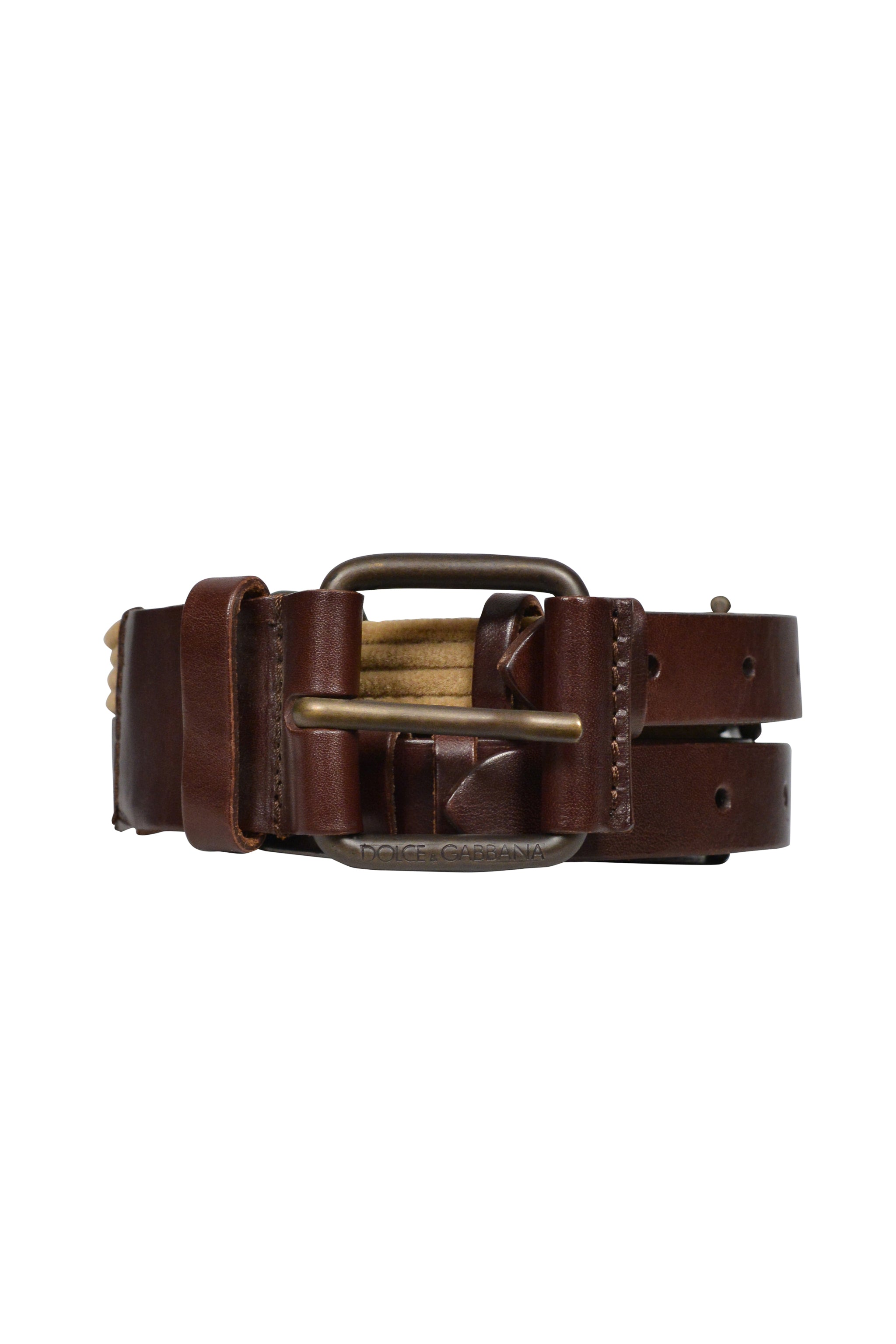 DOLCE & GABBANA BROWN LEATHER BELT WITH VELVET TRIM AND BUCKLES