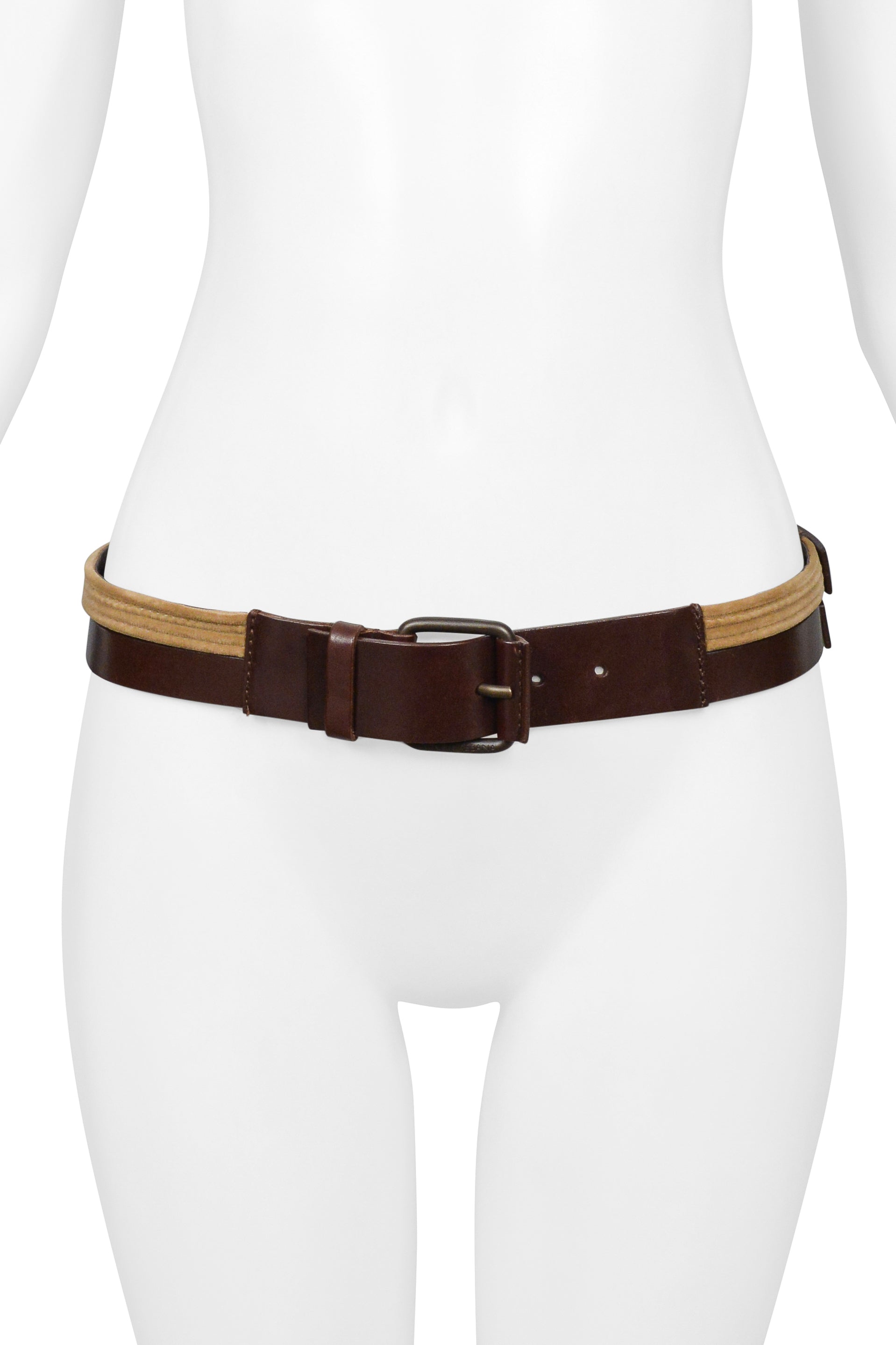DOLCE & GABBANA BROWN LEATHER BELT WITH VELVET TRIM AND BUCKLES