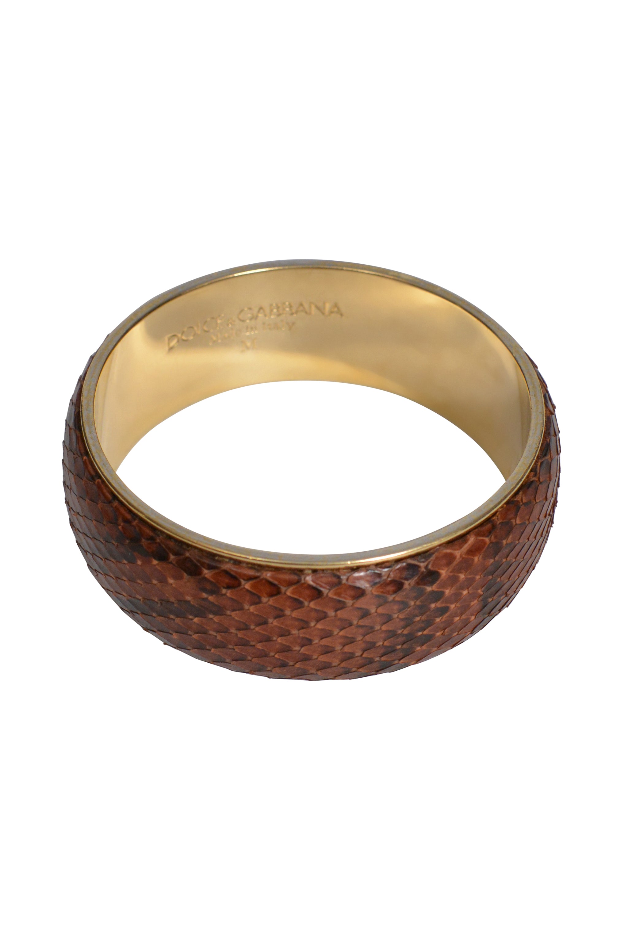 DOLCE & GABBANA BROWN PYTHON- EFFECT LEATHER COVERED BRASS BANGLE BRACELET