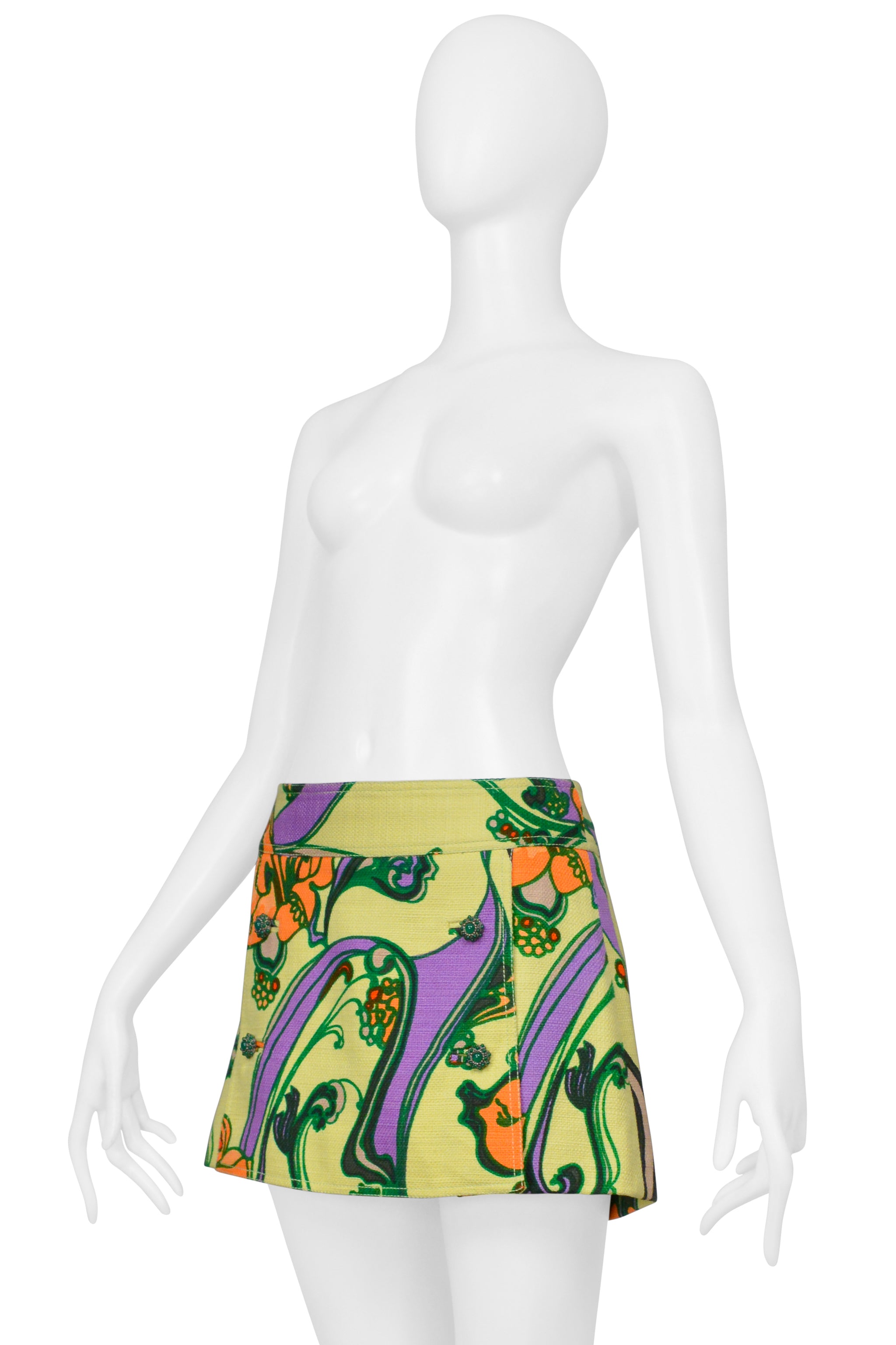 DOLCE & GABBANA CHARTREUSE FLORAL PRINT SUPER MINI SKIRT WITH JEWEL BUTTONS