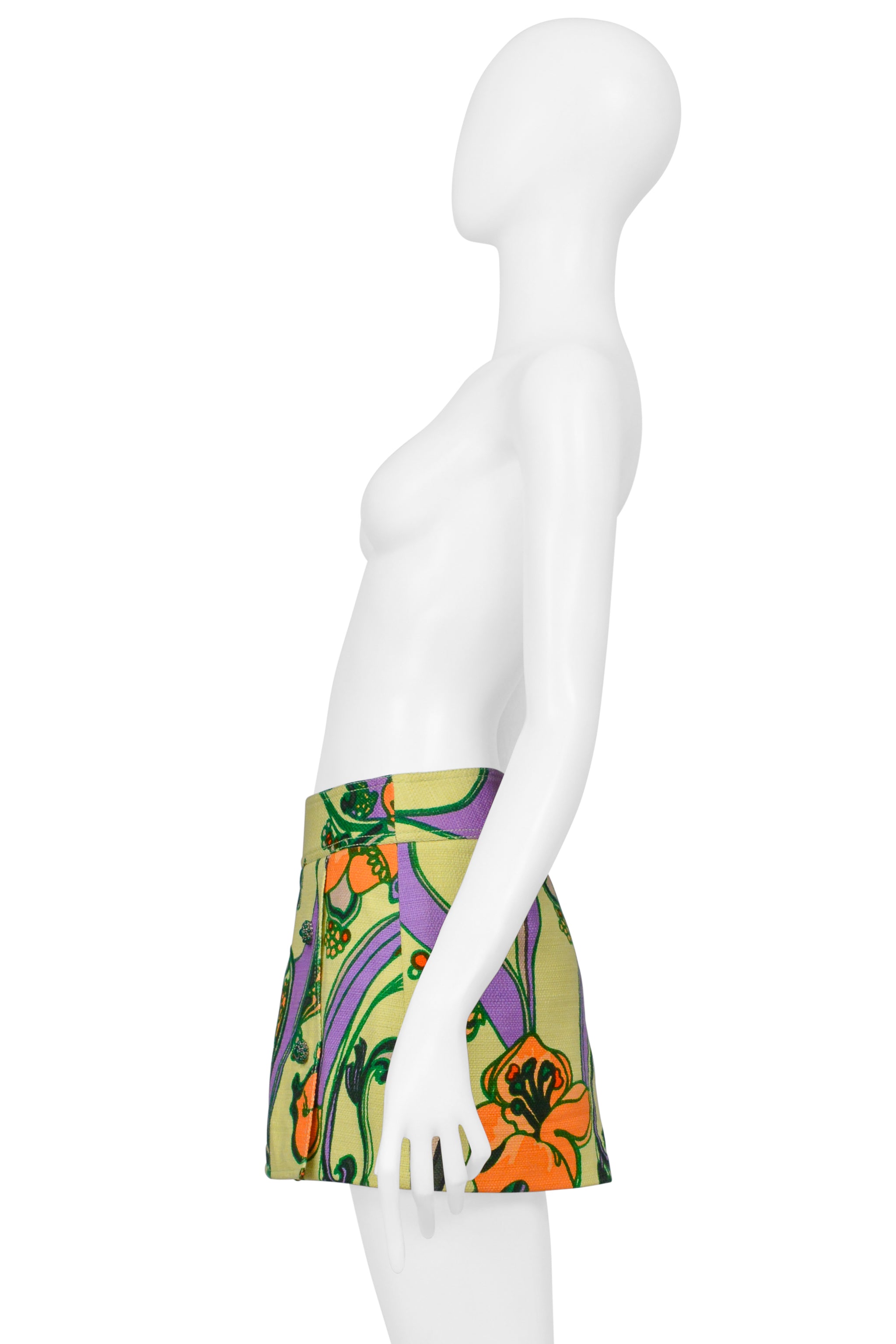 DOLCE & GABBANA CHARTREUSE FLORAL PRINT SUPER MINI SKIRT WITH JEWEL BUTTONS