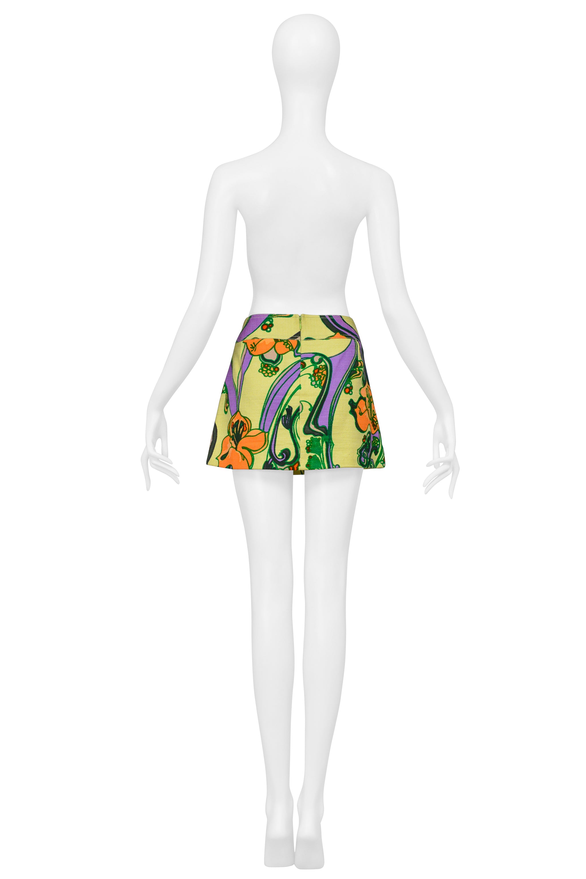 DOLCE & GABBANA CHARTREUSE FLORAL PRINT SUPER MINI SKIRT WITH JEWEL BUTTONS