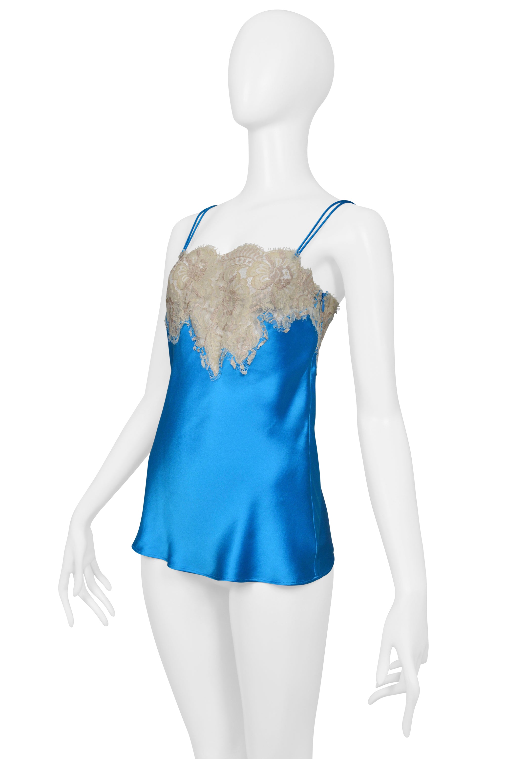 DOLCE & GABBANA BLUE SATIN CAMISOLE TOP WITH OFF WHITE LACE CIR. 2002