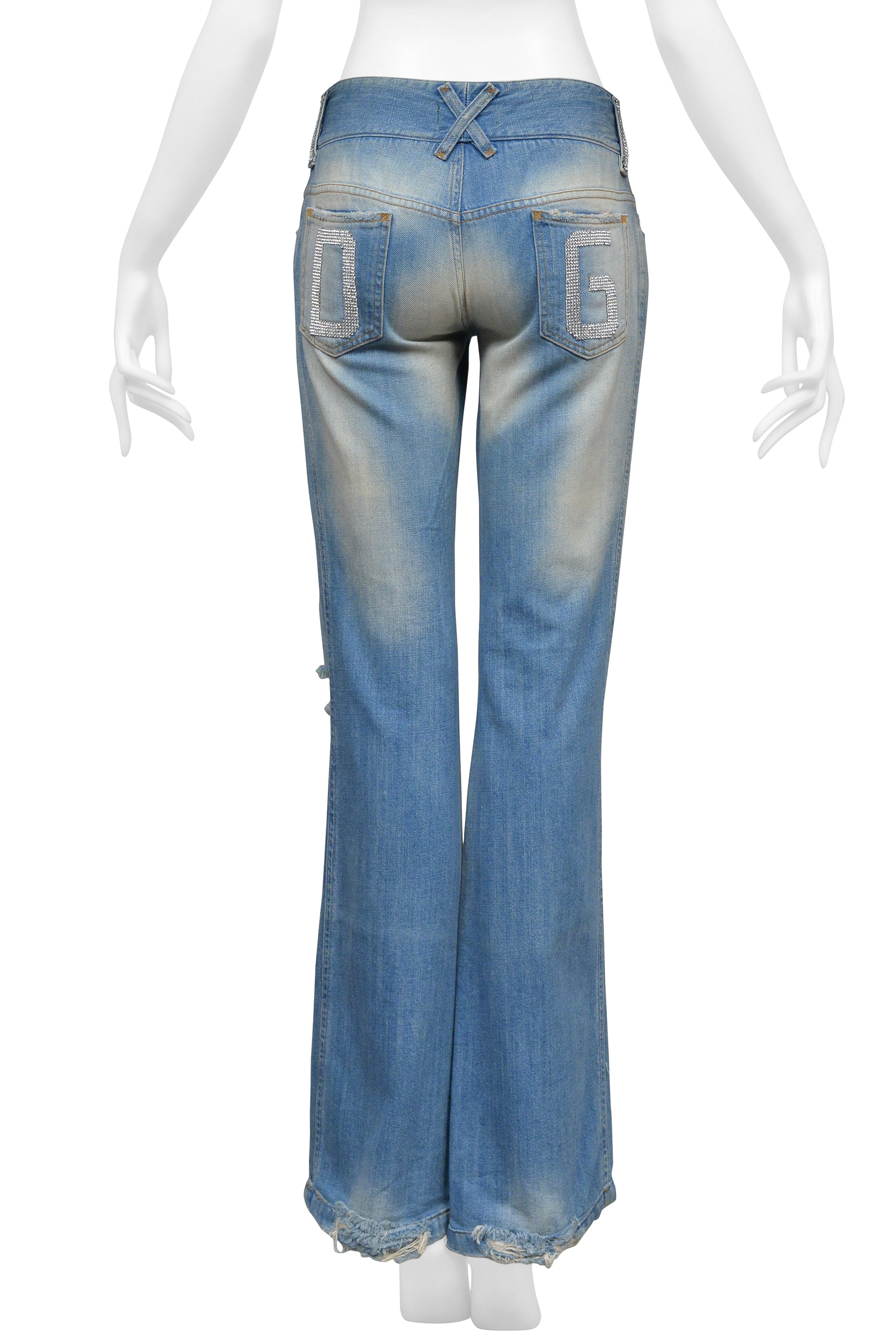 DOLCE & GABBANA DISTRESSED BLUE DENIM JEANS WITH HOLES AND RHINESTONES
