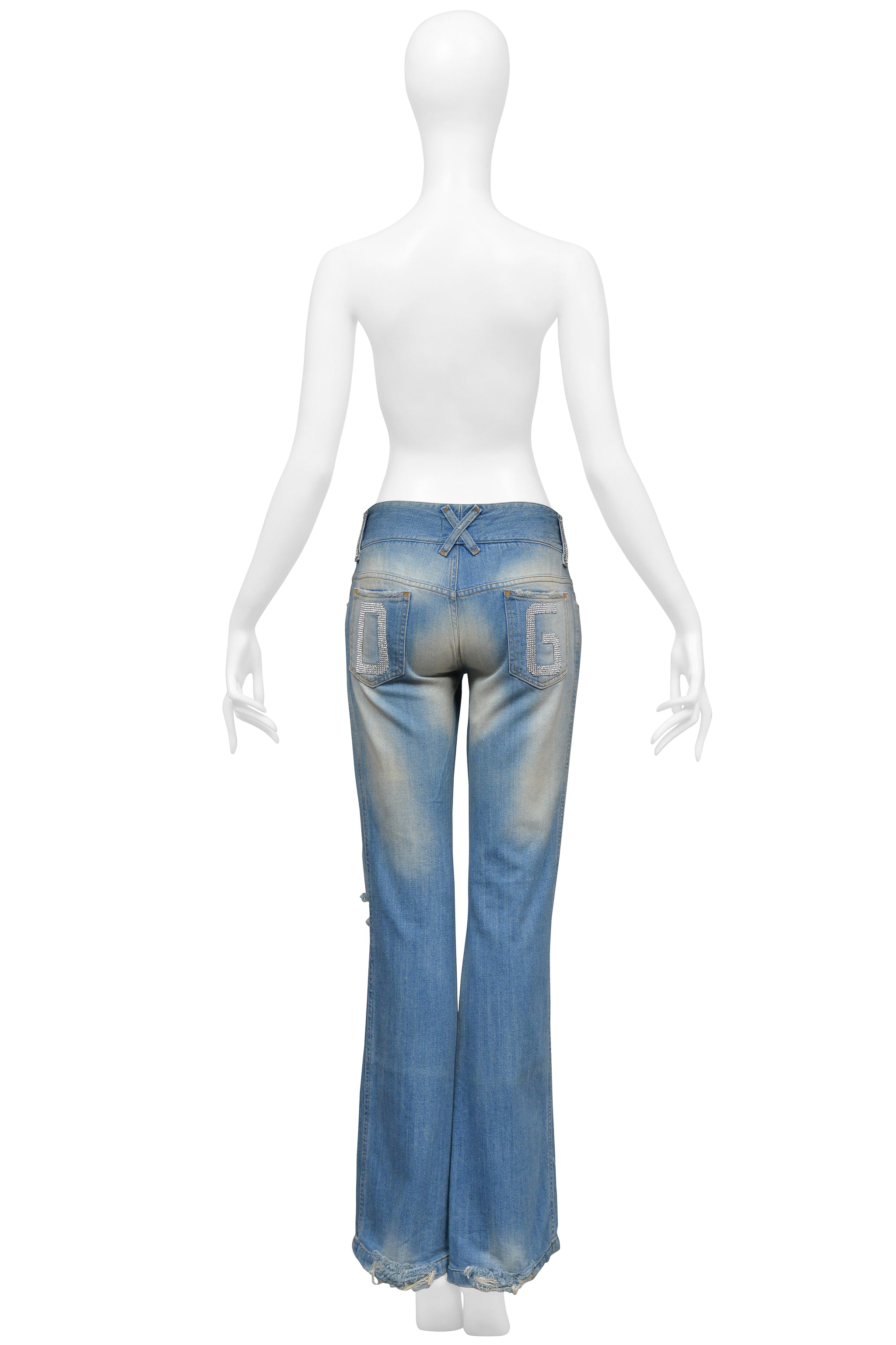 DOLCE & GABBANA DISTRESSED BLUE DENIM JEANS WITH HOLES AND RHINESTONES