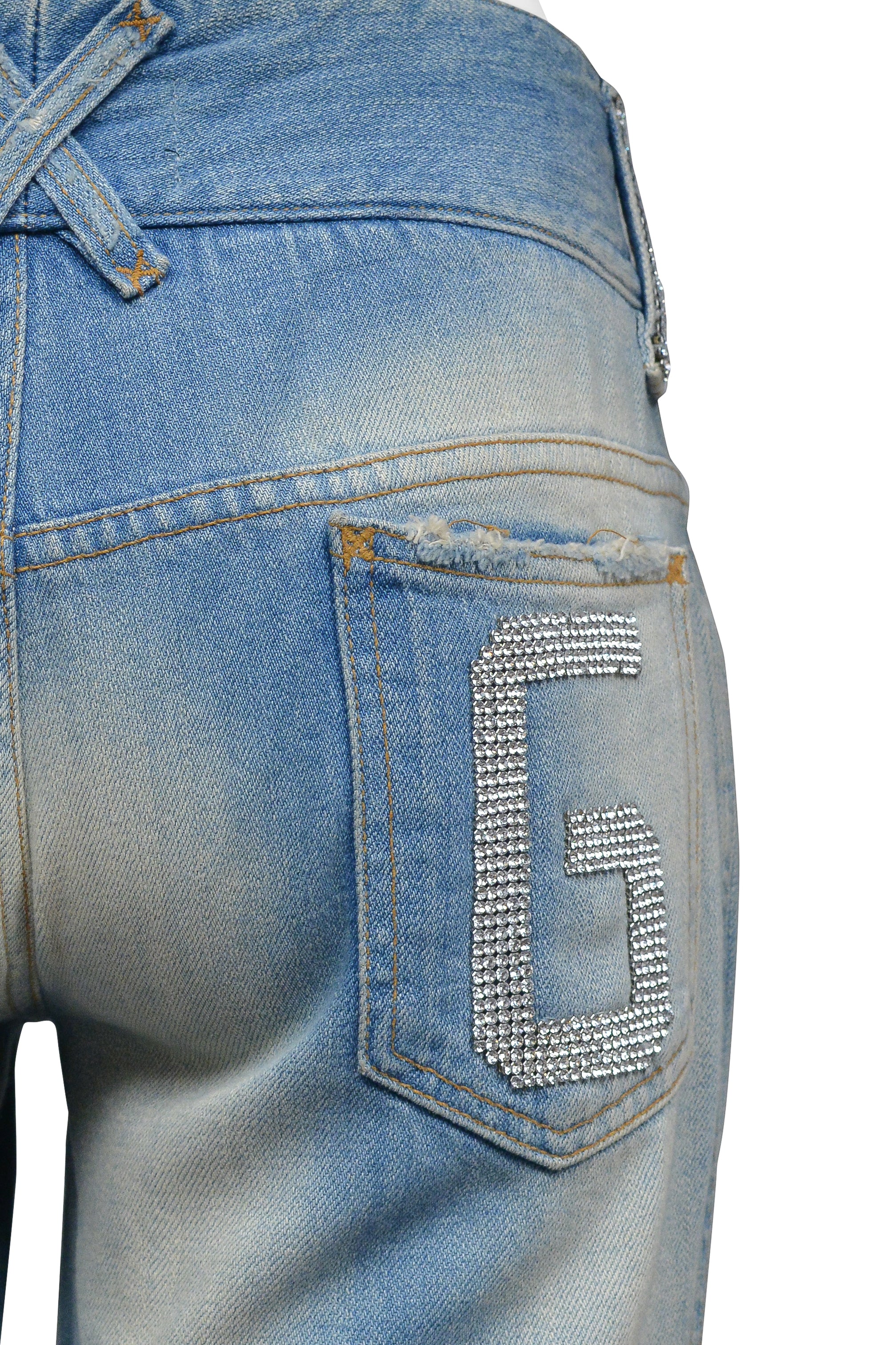 DOLCE & GABBANA DISTRESSED BLUE DENIM JEANS WITH HOLES AND RHINESTONES
