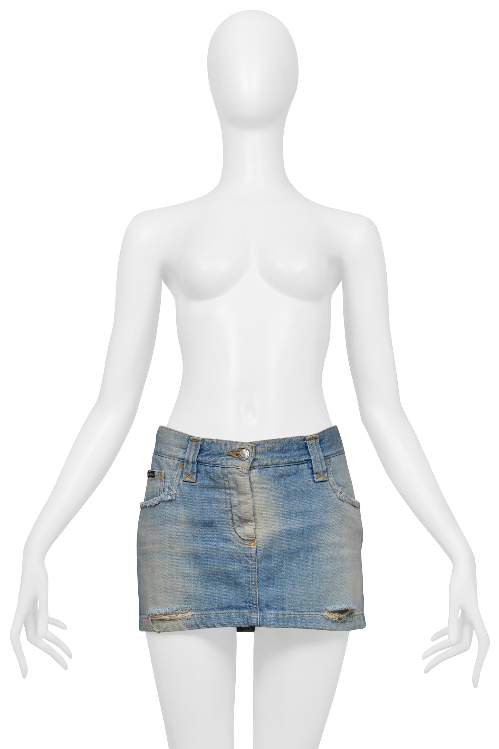 DOLCE & GABBANA DISTRESSED BLUE DENIM SUPER-MINI SKIRT