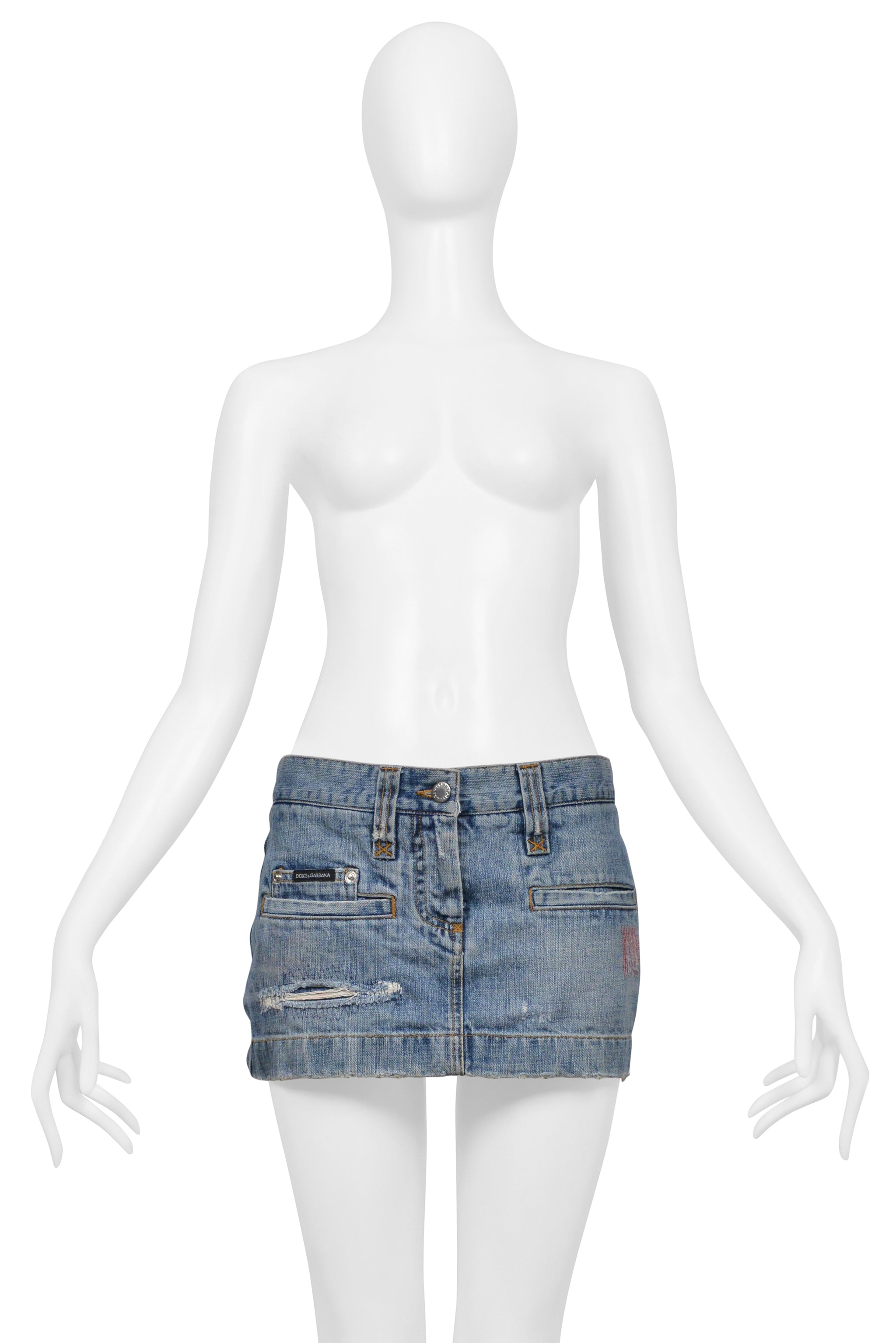 DOLCE & GABBANA DISTRESSED BLUE DENIM SUPER-MINI SKIRT WITH GOLD STITCHING