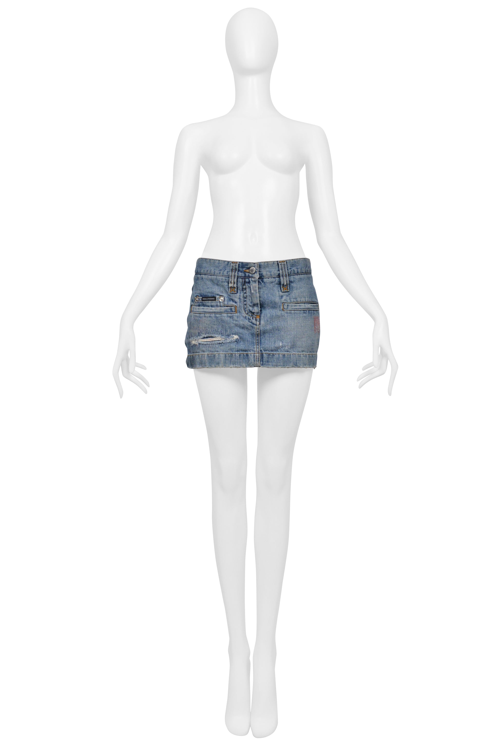 DOLCE & GABBANA DISTRESSED BLUE DENIM SUPER-MINI SKIRT WITH GOLD STITCHING