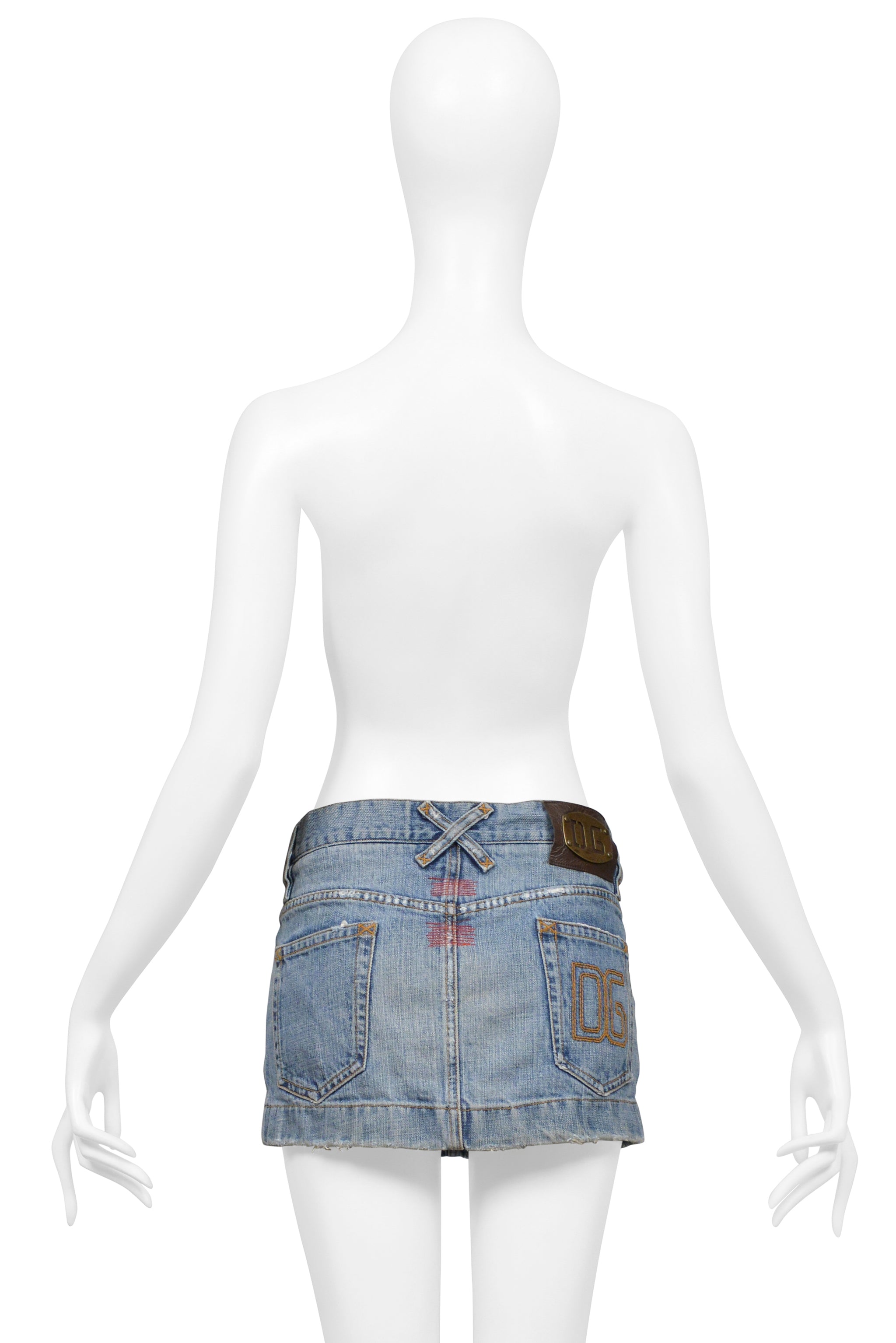 DOLCE & GABBANA DISTRESSED BLUE DENIM SUPER-MINI SKIRT WITH GOLD STITCHING