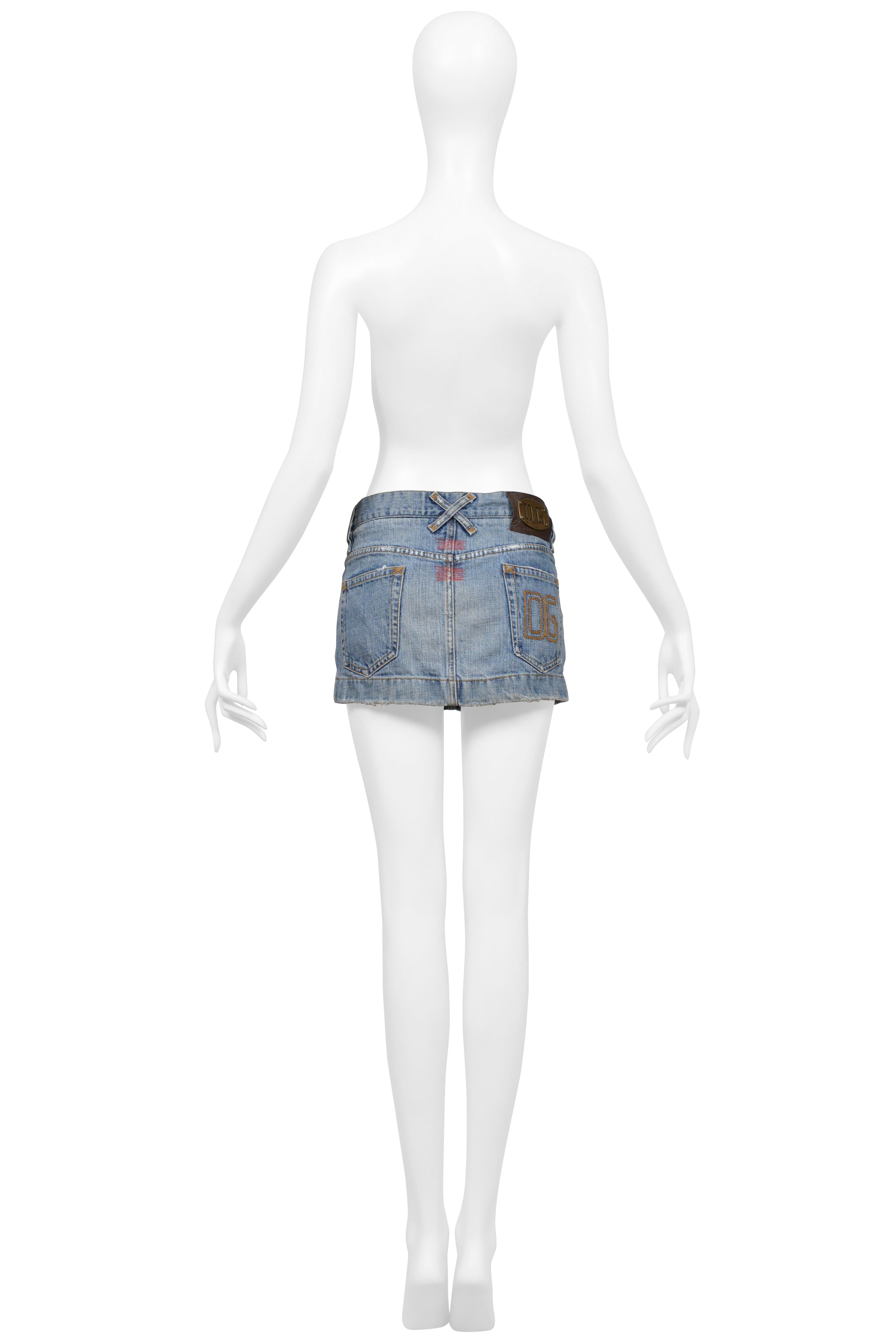 DOLCE & GABBANA DISTRESSED BLUE DENIM SUPER-MINI SKIRT WITH GOLD STITCHING