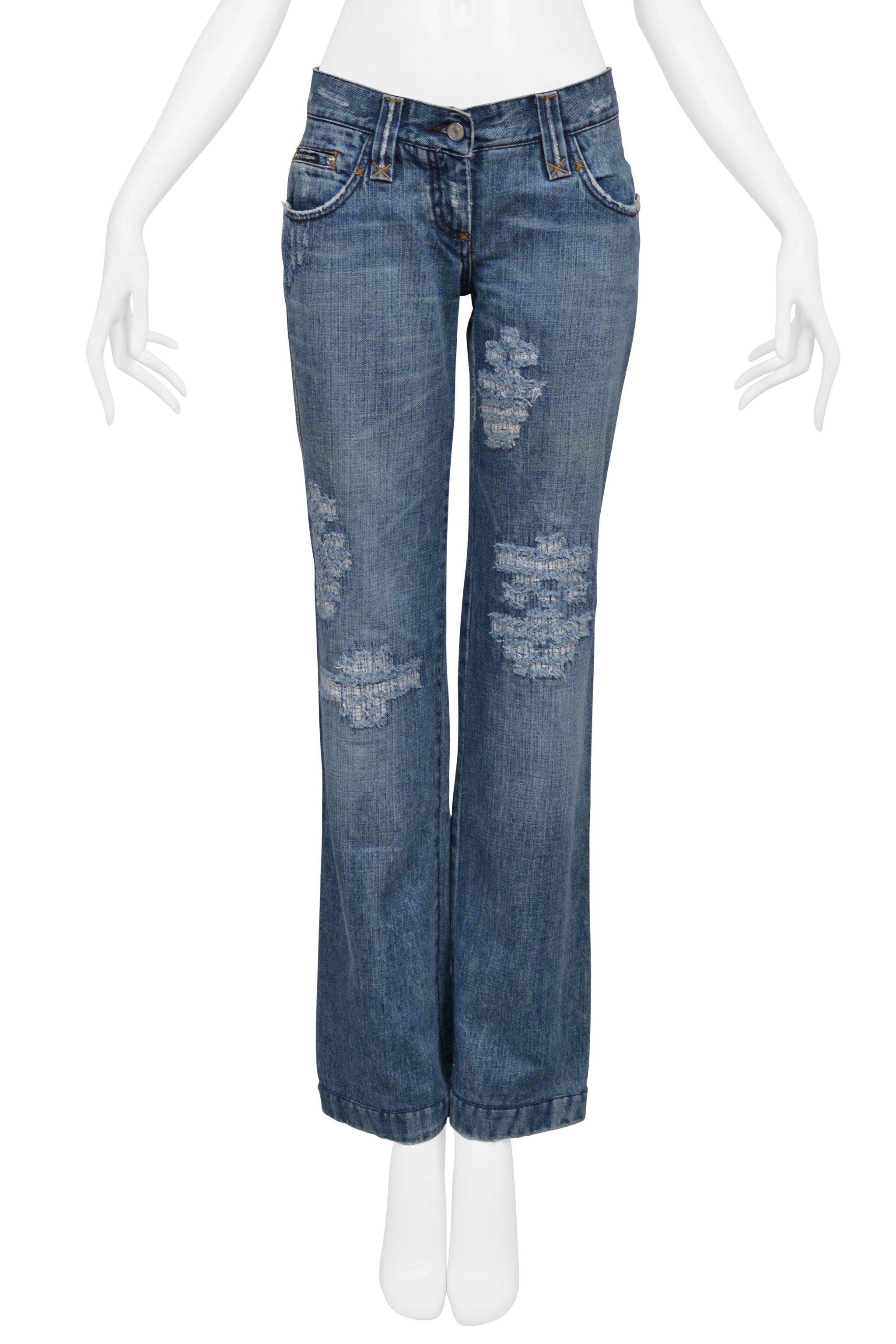 DOLCE & GABBANA DISTRESSED BLUE DENIM WESTERN JEANS WITH HEAVY STITCHING