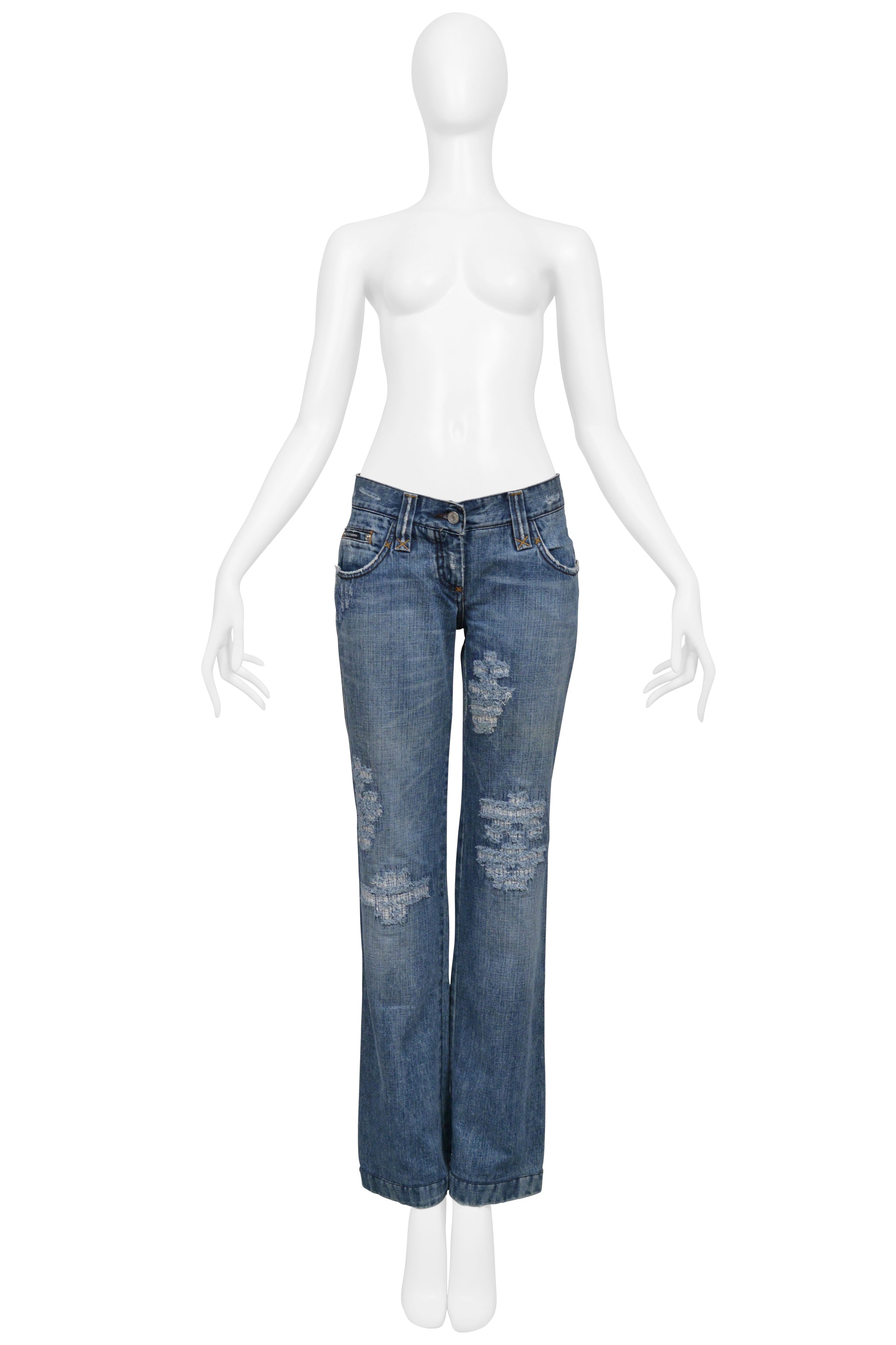 DOLCE & GABBANA DISTRESSED BLUE DENIM WESTERN JEANS WITH HEAVY STITCHING