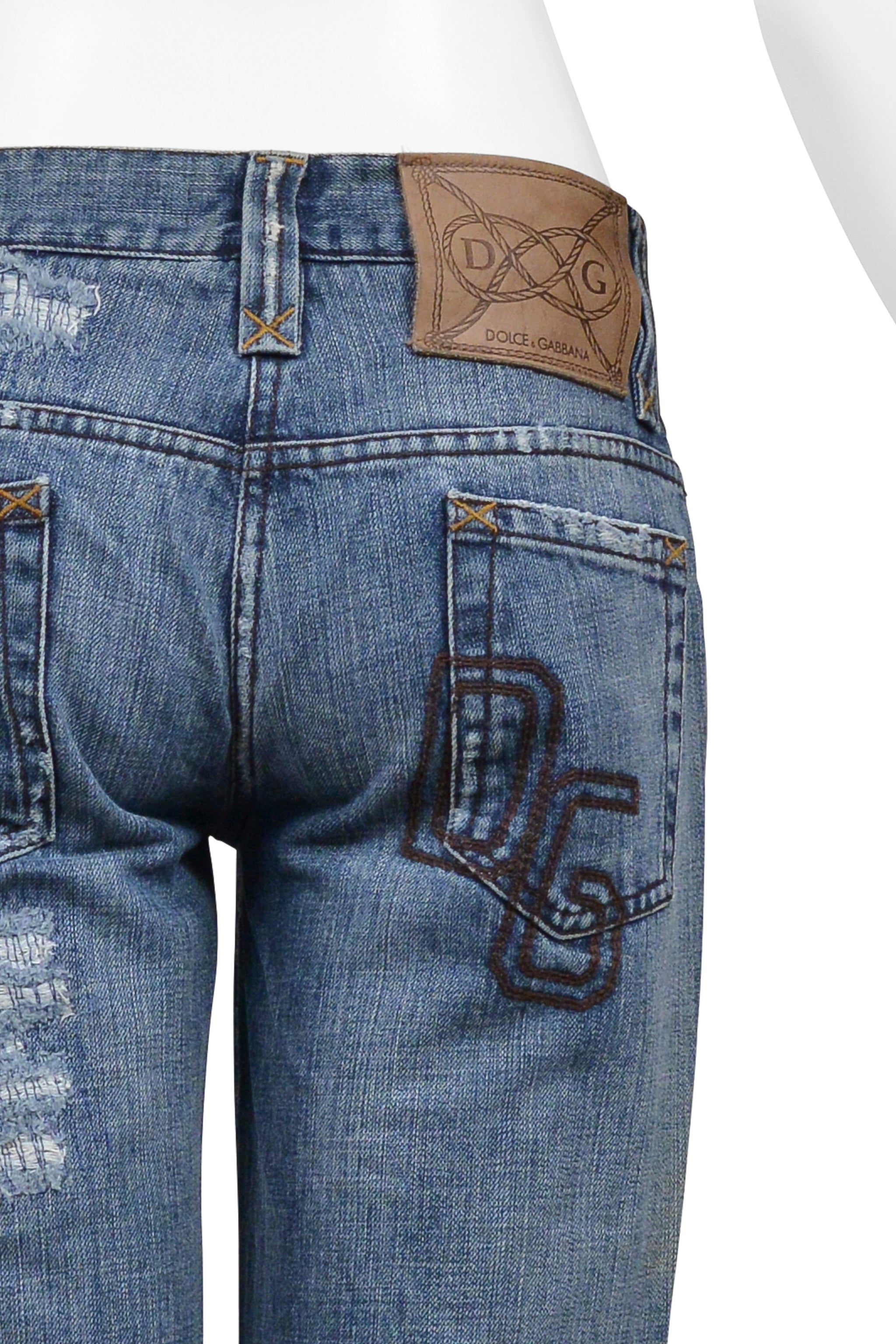 DOLCE & GABBANA DISTRESSED BLUE DENIM WESTERN JEANS WITH HEAVY STITCHING