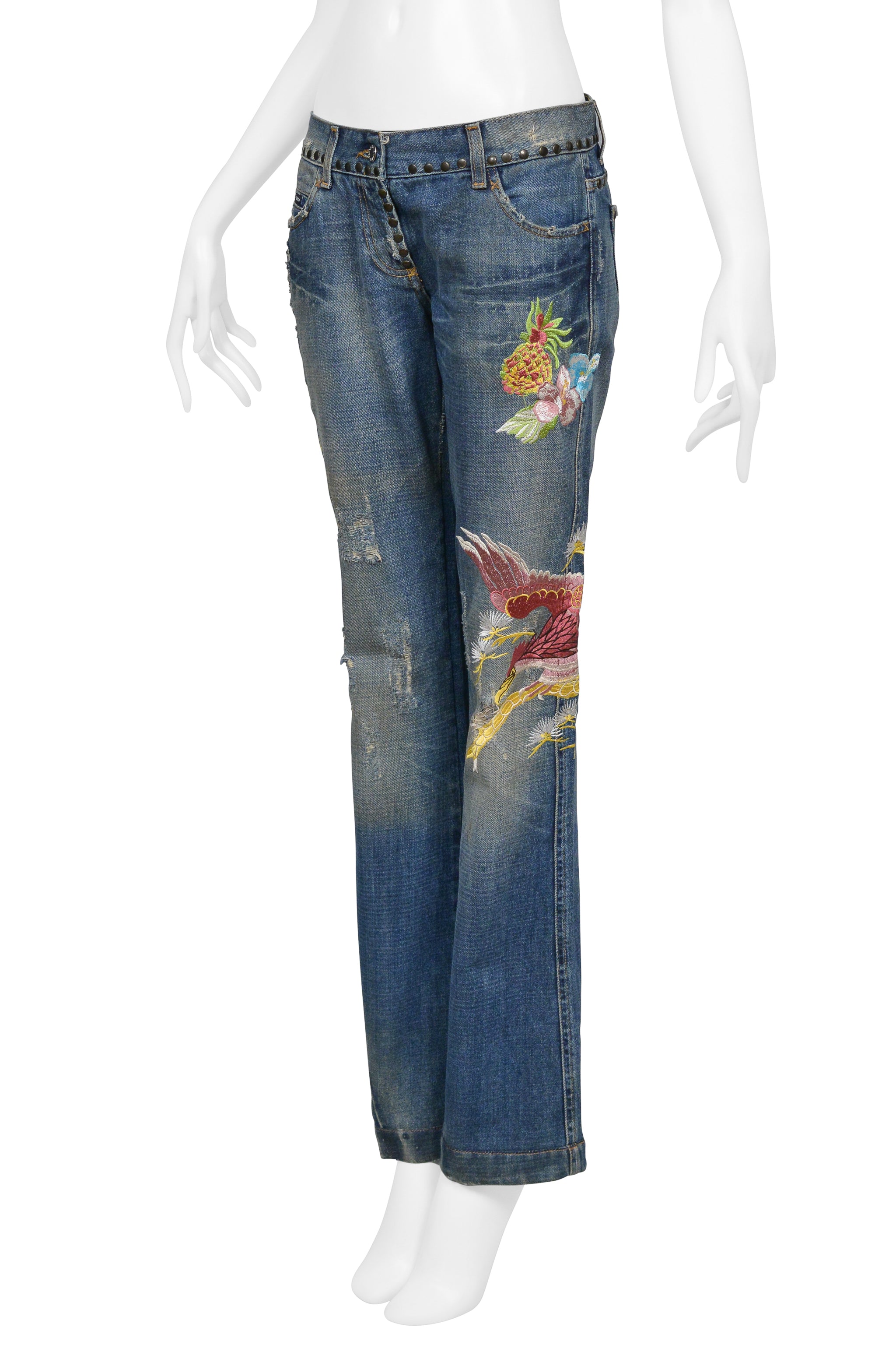 DOLCE & GABBANA DISTRESSED BLUE DENIM "HAWAII" JEANS WITH EMBROIDERY