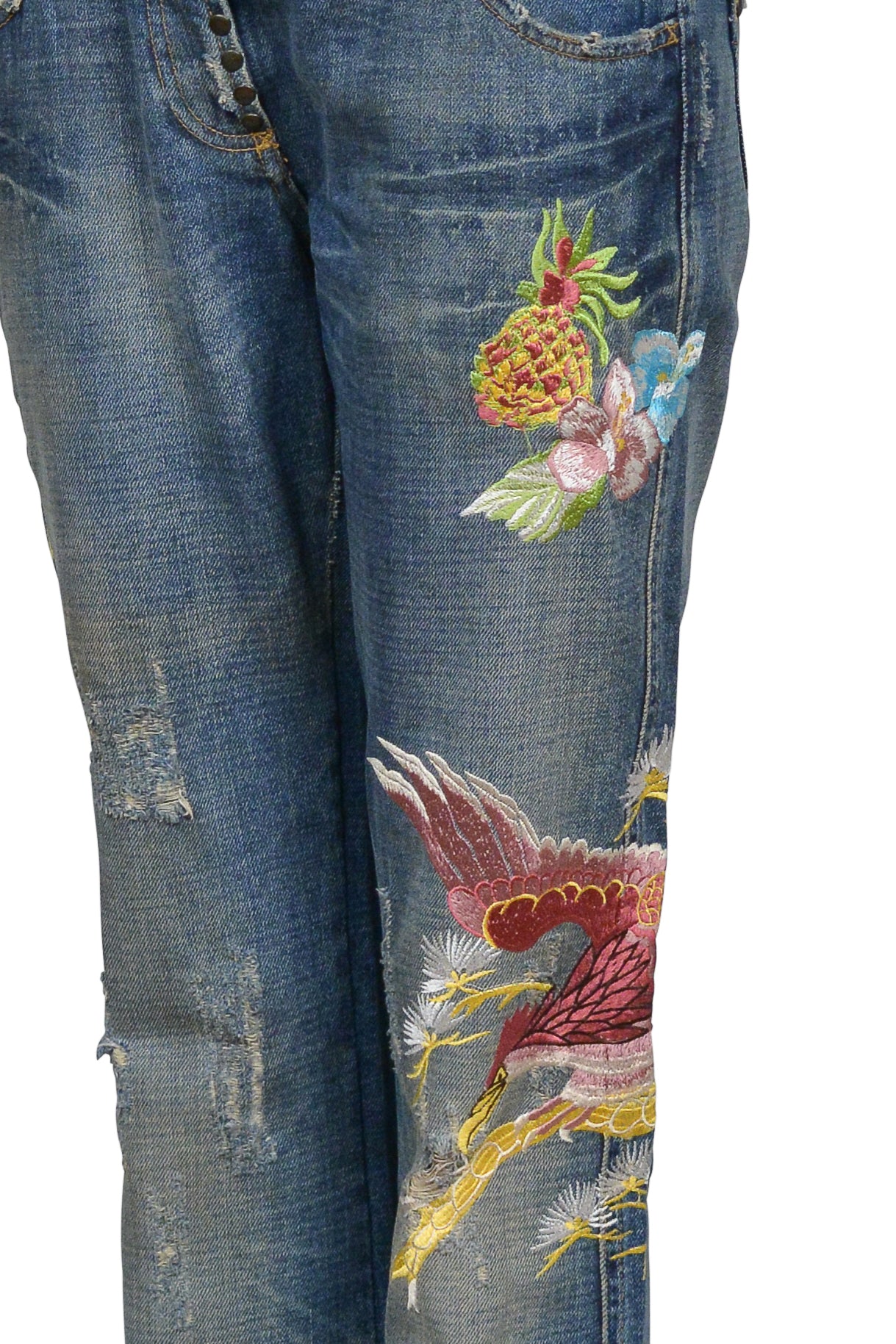 DOLCE & GABBANA DISTRESSED BLUE DENIM "HAWAII" JEANS WITH EMBROIDERY