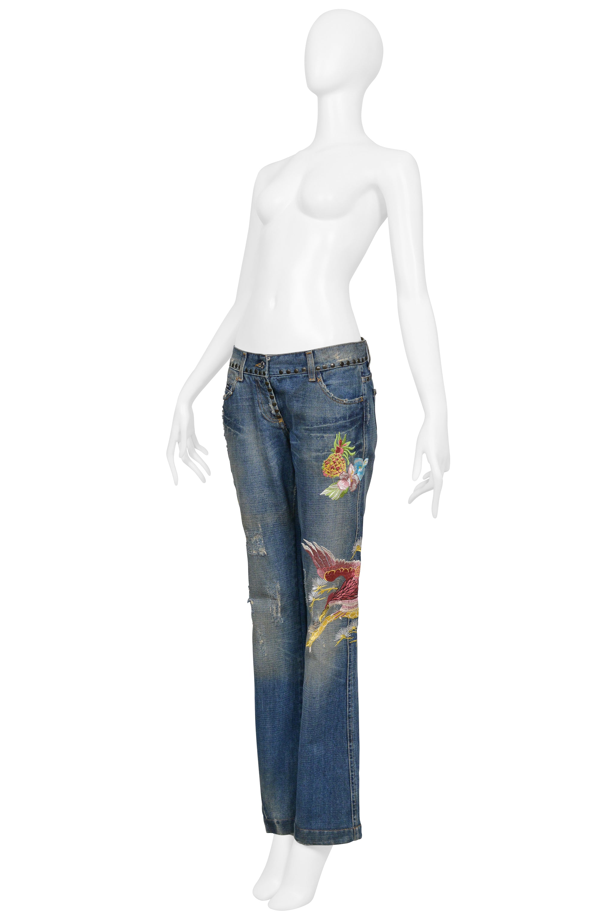DOLCE & GABBANA DISTRESSED BLUE DENIM "HAWAII" JEANS WITH EMBROIDERY