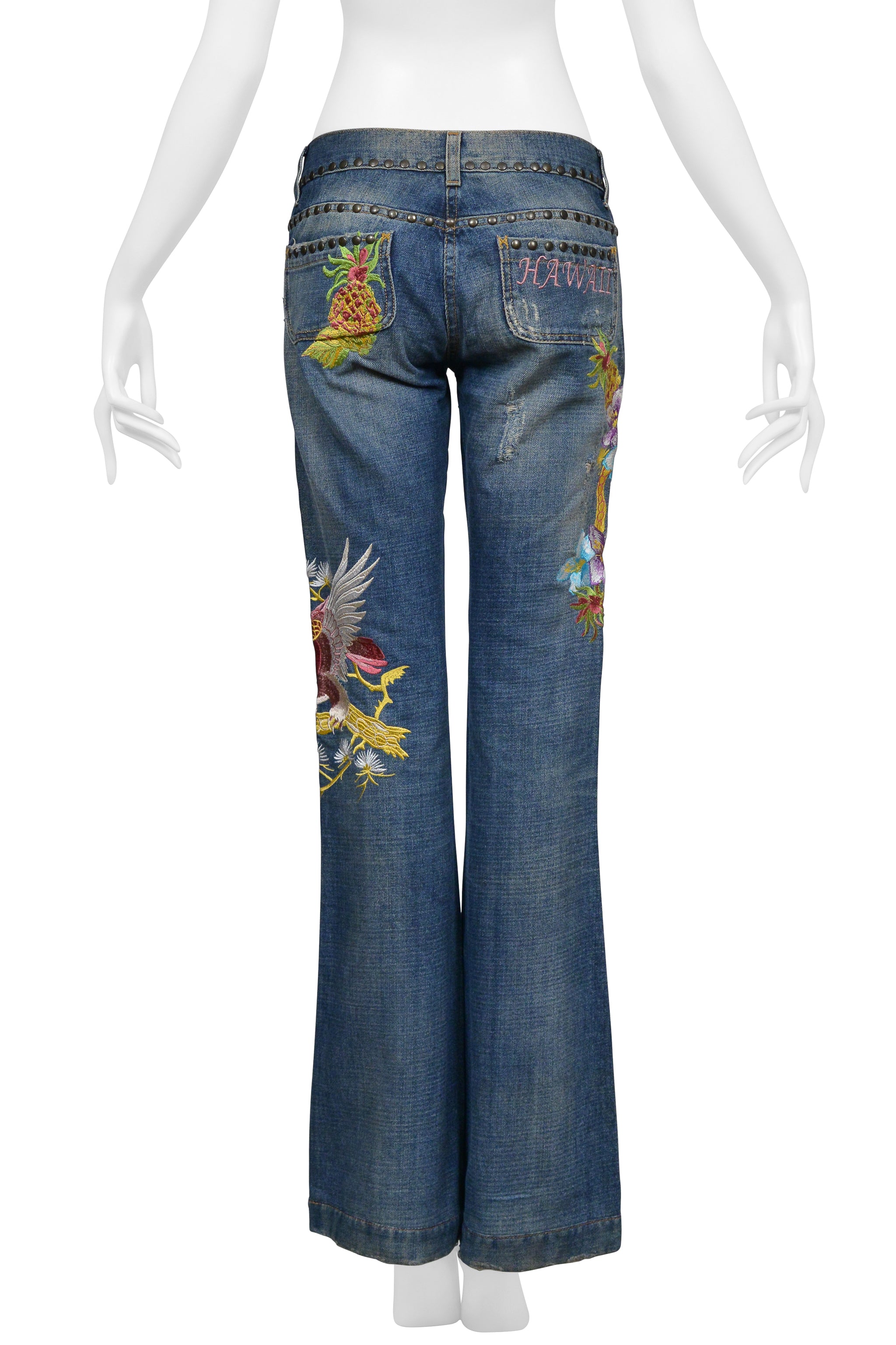 DOLCE & GABBANA DISTRESSED BLUE DENIM "HAWAII" JEANS WITH EMBROIDERY
