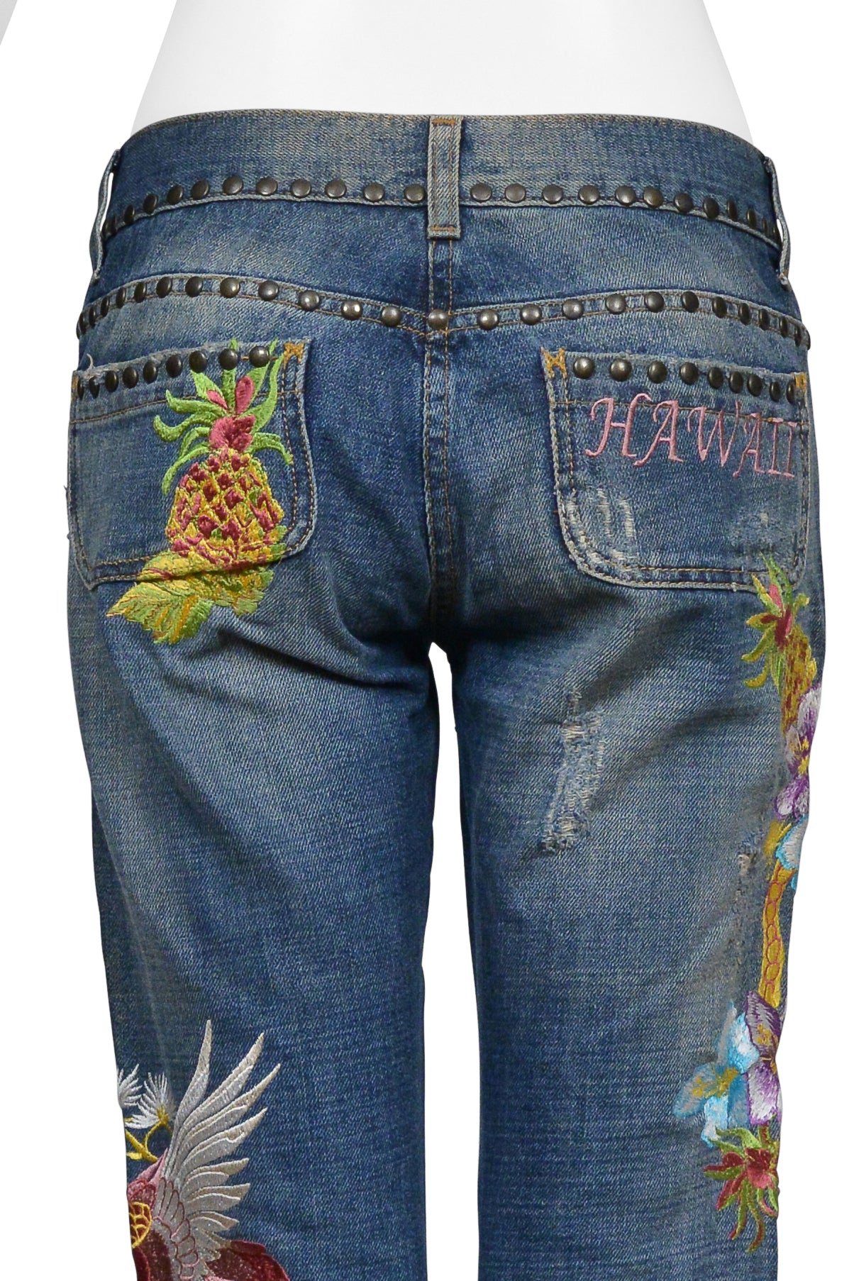 DOLCE & GABBANA DISTRESSED BLUE DENIM "HAWAII" JEANS WITH EMBROIDERY