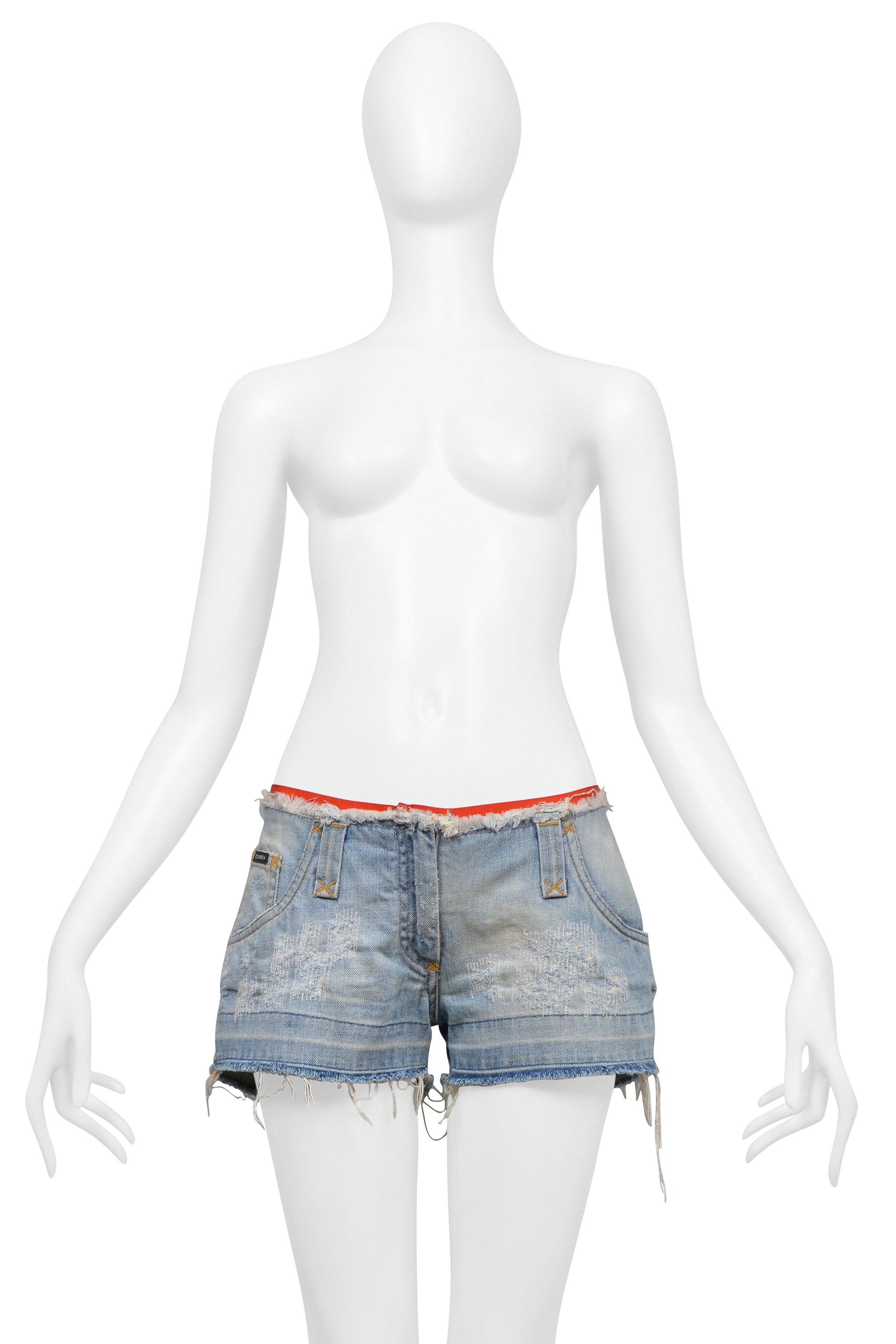 DOLCE & GABBANA DISTRESSED DENIM SUPER MINI SHORTS WITH RED TRIM