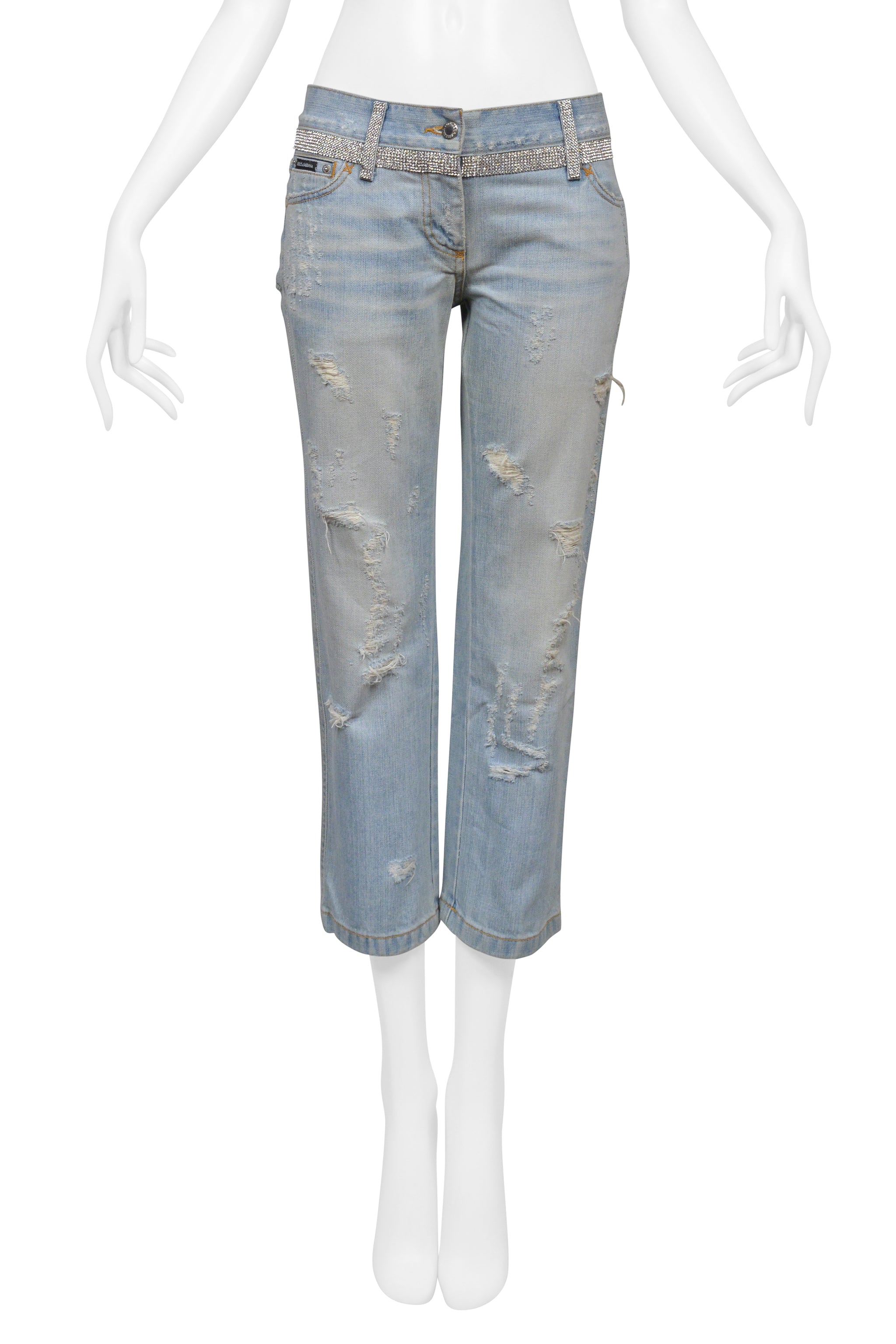DOLCE & GABBANA DISTRESSED LIGHT BLUE DENIM CROPPEDJEANS WITH RHINESTONES