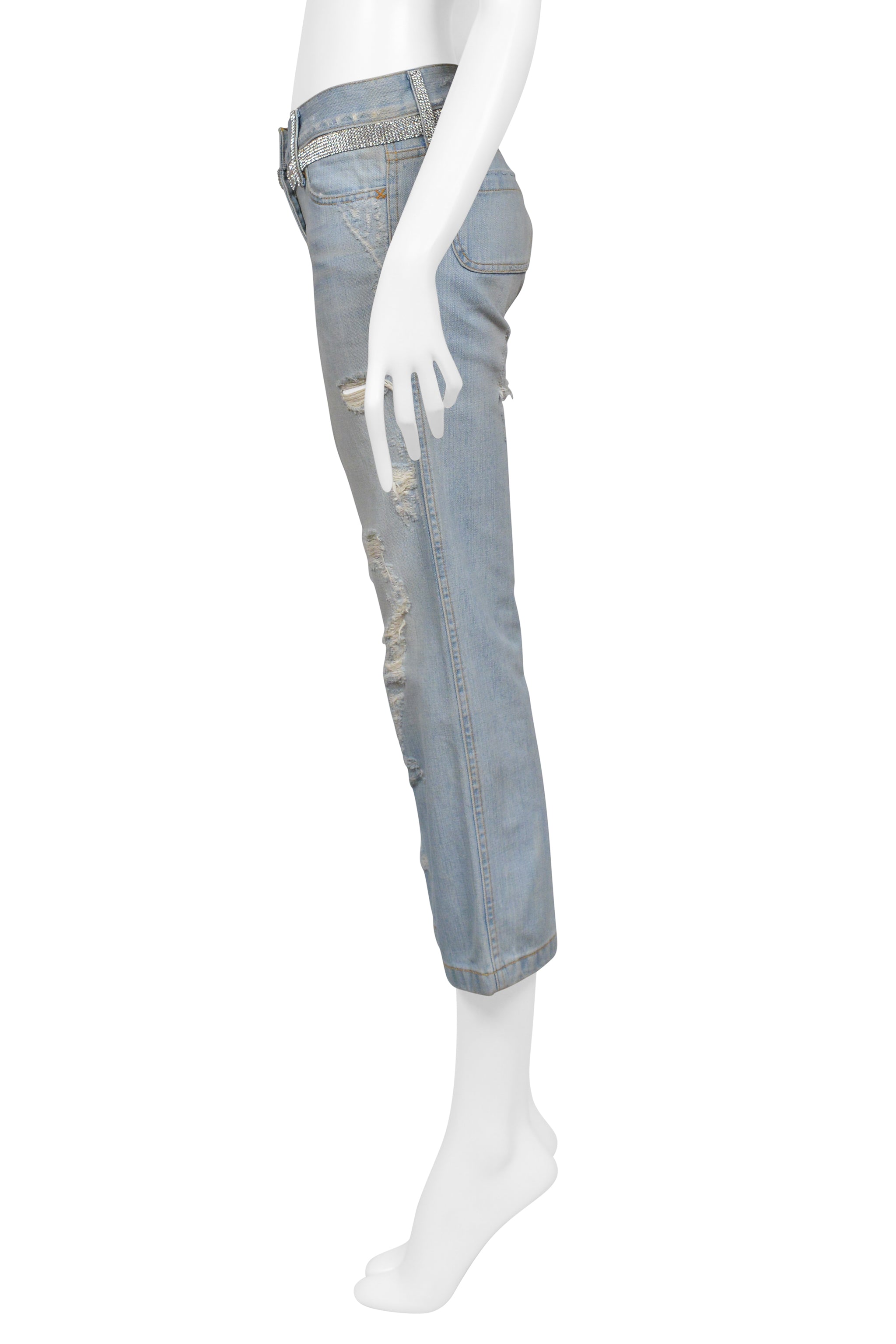 DOLCE & GABBANA DISTRESSED LIGHT BLUE DENIM CROPPEDJEANS WITH RHINESTONES