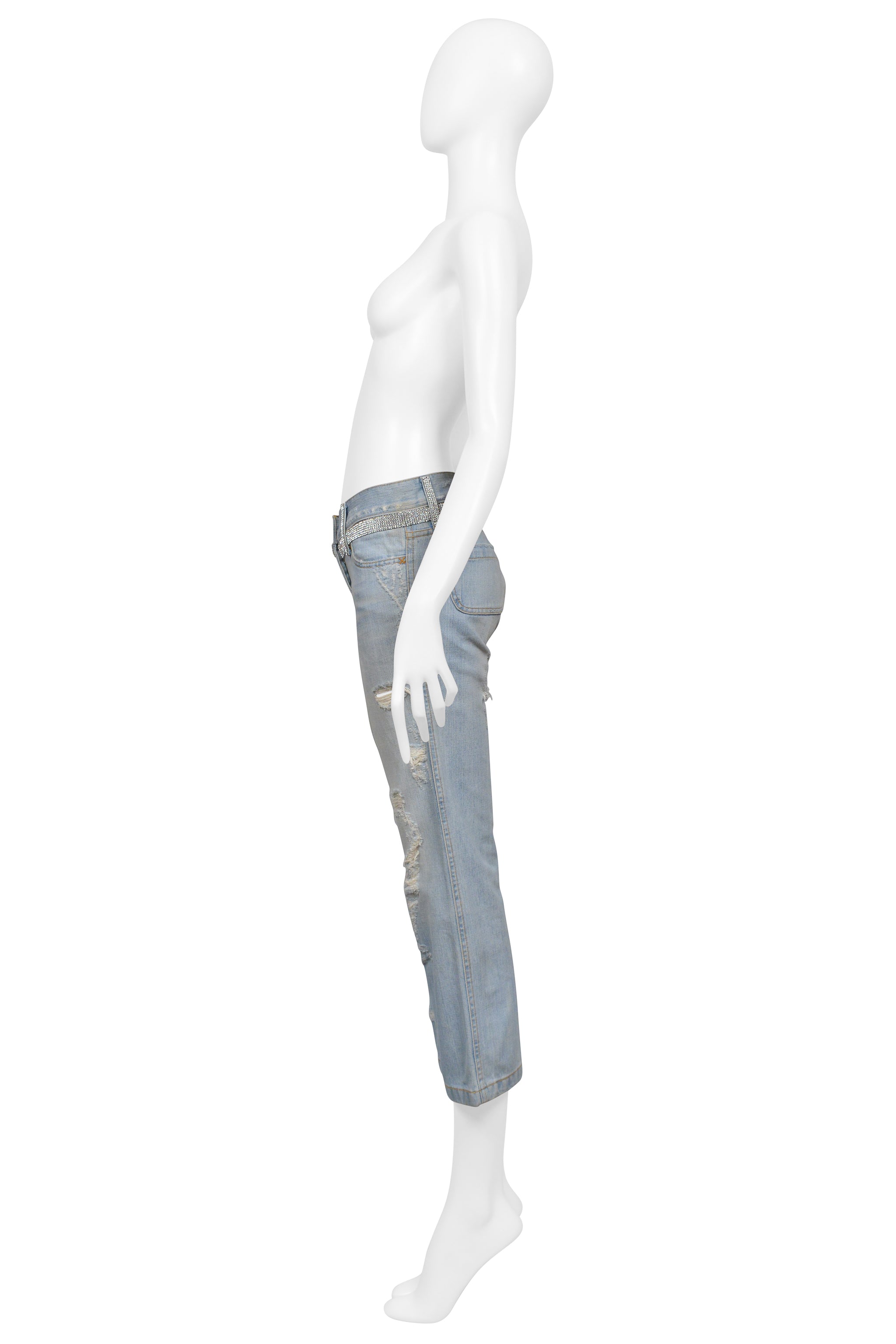 DOLCE & GABBANA DISTRESSED LIGHT BLUE DENIM CROPPEDJEANS WITH RHINESTONES