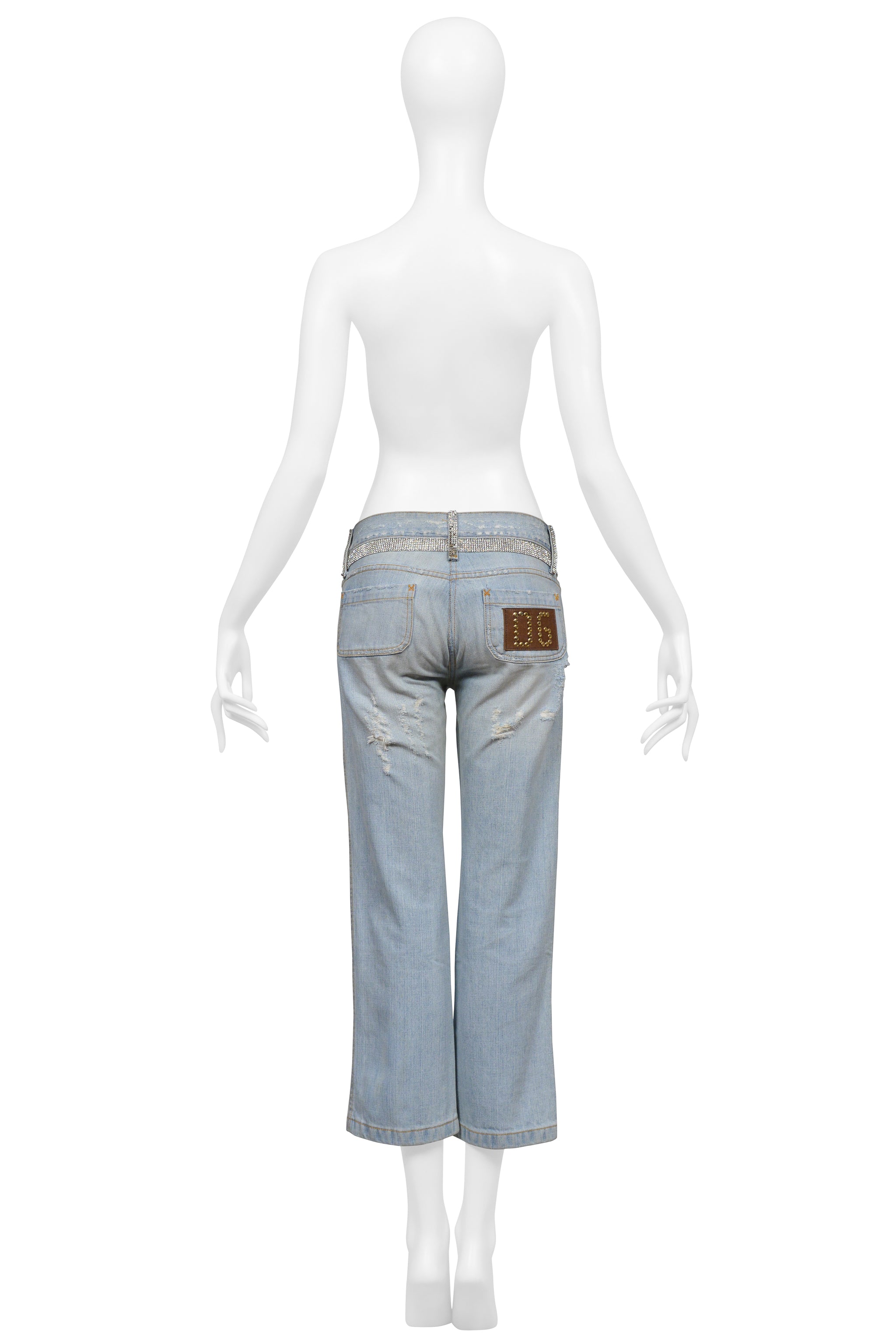 DOLCE & GABBANA DISTRESSED LIGHT BLUE DENIM CROPPEDJEANS WITH RHINESTONES