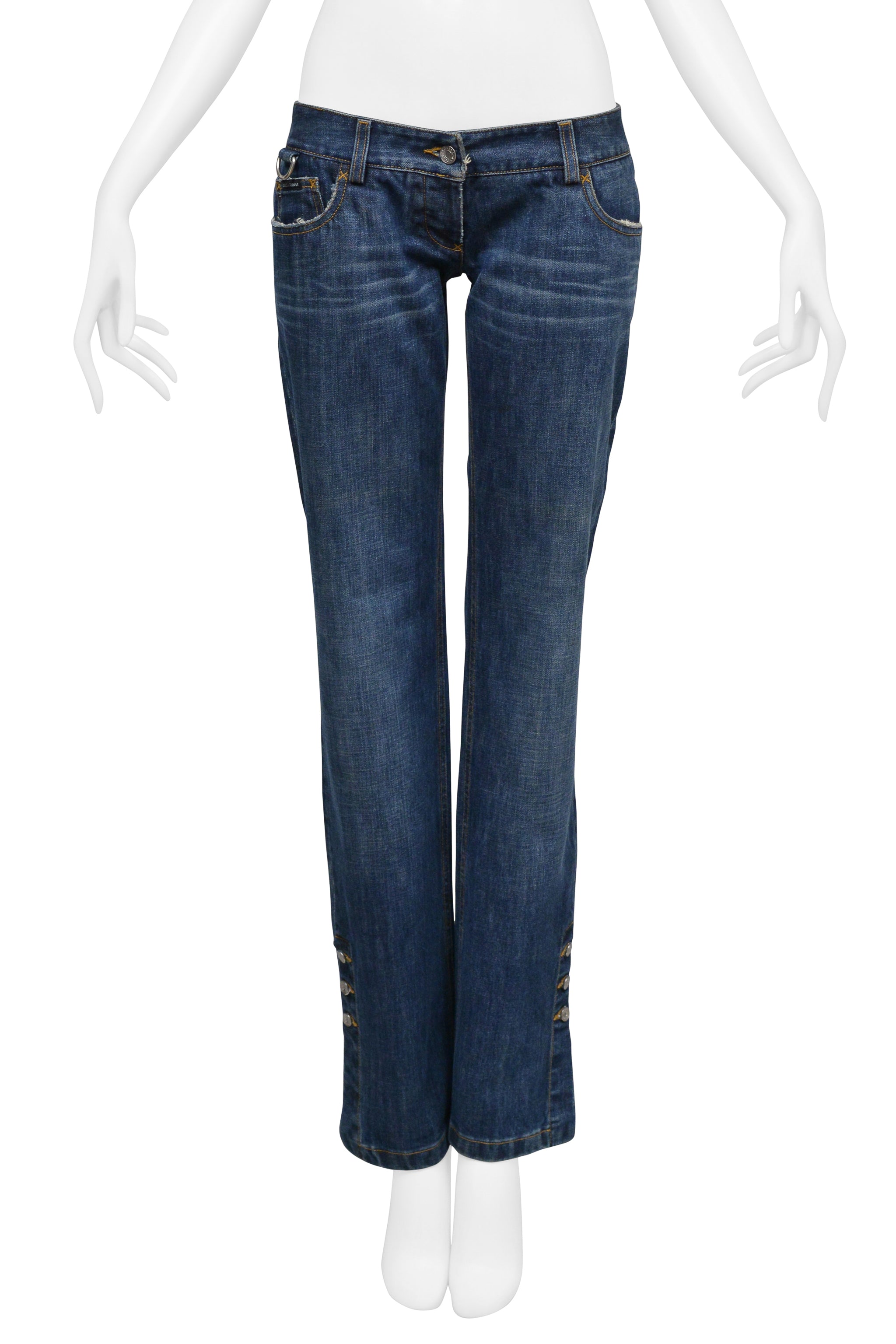 DOLCE & GABBANA LOW RISE BLUE DENIM JEANS WITH D-RINGS AND ANKLE BUTTONS