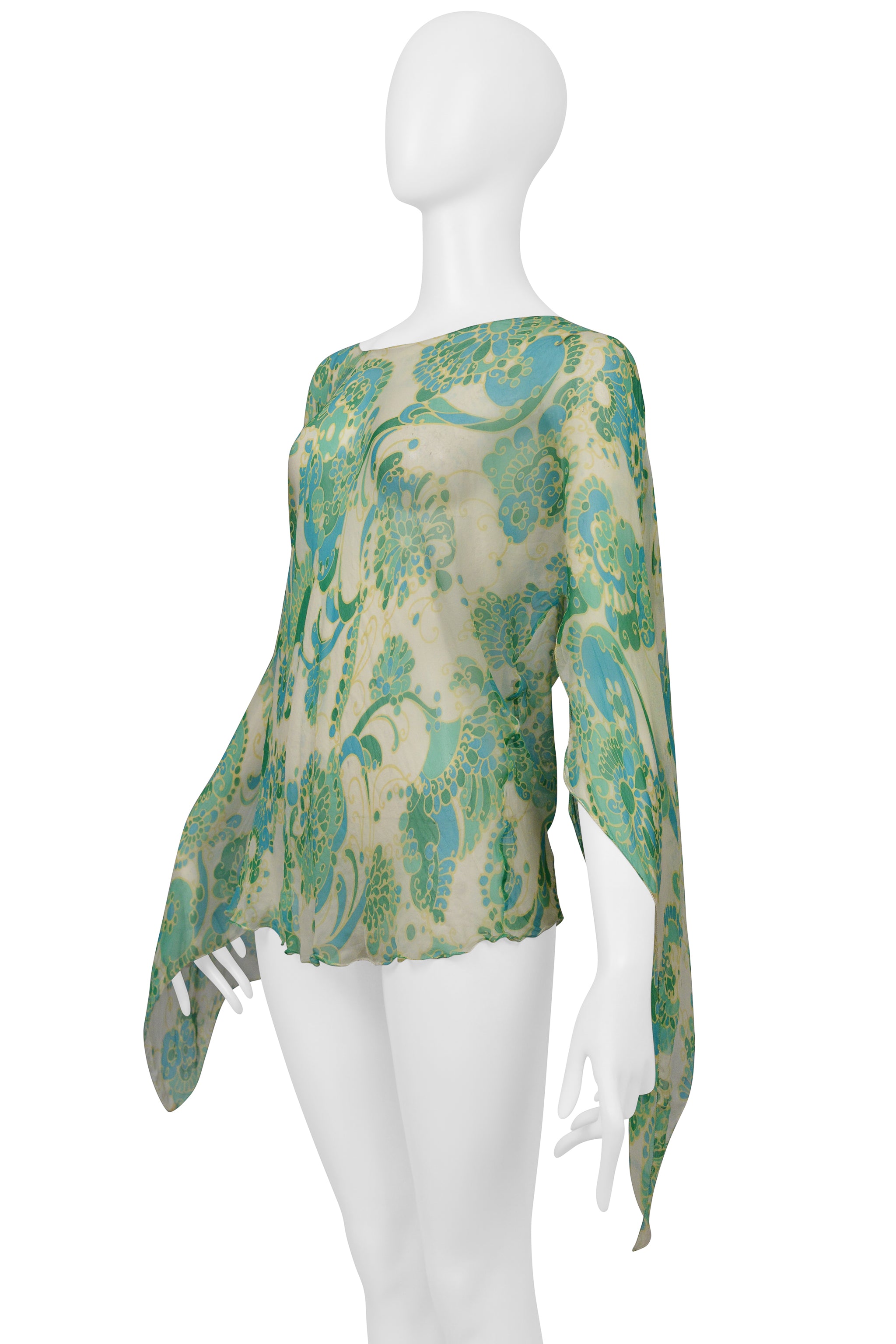 DOLCE & GABBANA OFF WHITE CHIFFON BLOUSE WITH BLUE & GREEN PSYCHEDELIC PRINT