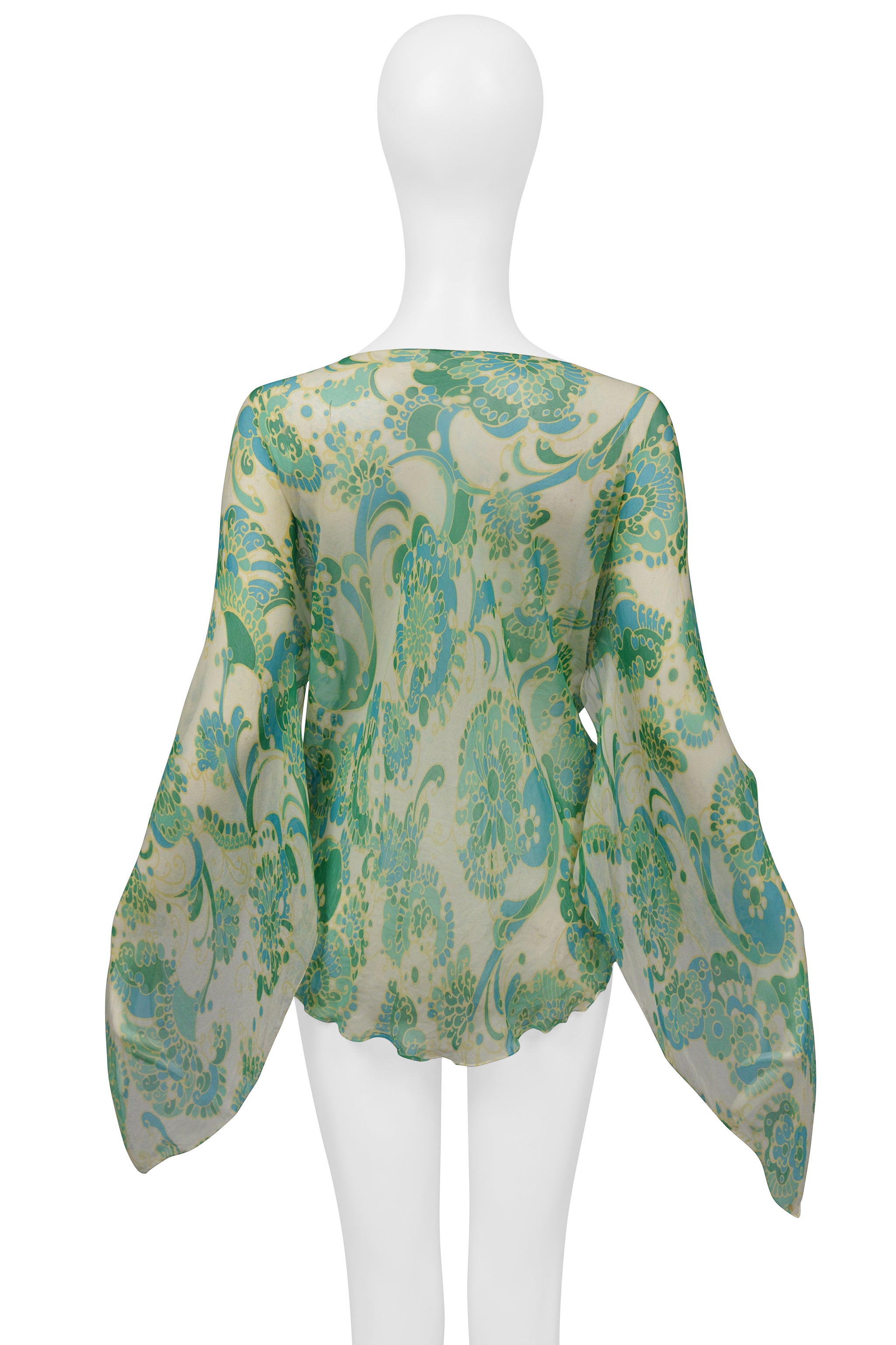 DOLCE & GABBANA OFF WHITE CHIFFON BLOUSE WITH BLUE & GREEN PSYCHEDELIC PRINT