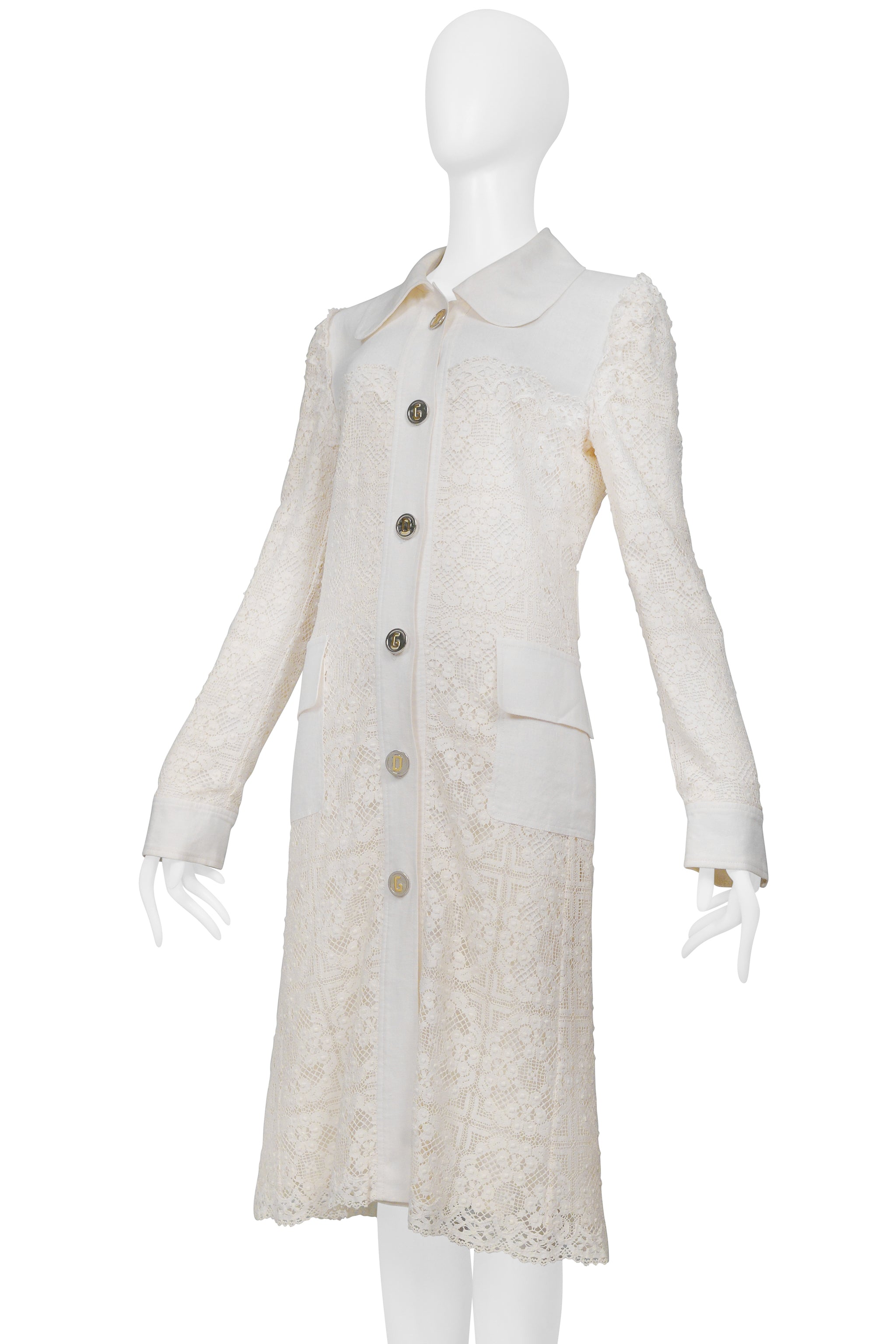 DOLCE & GABBANA OFF WHITE LACE COAT WITH D&G BUTTONS