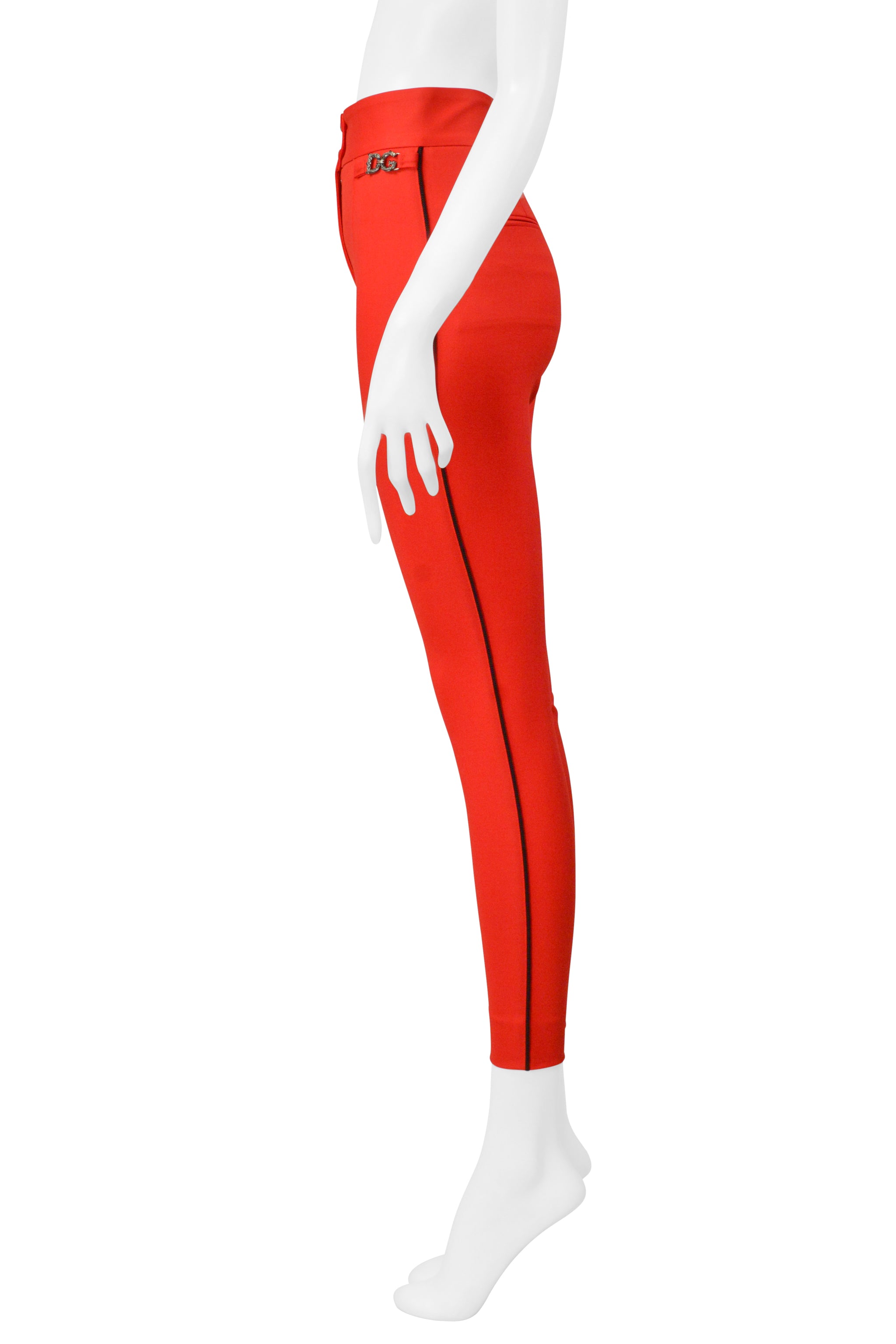 DOLCE & GABBANA RED SKINNY PANTS WITH BLACK PIPING AND LOGO