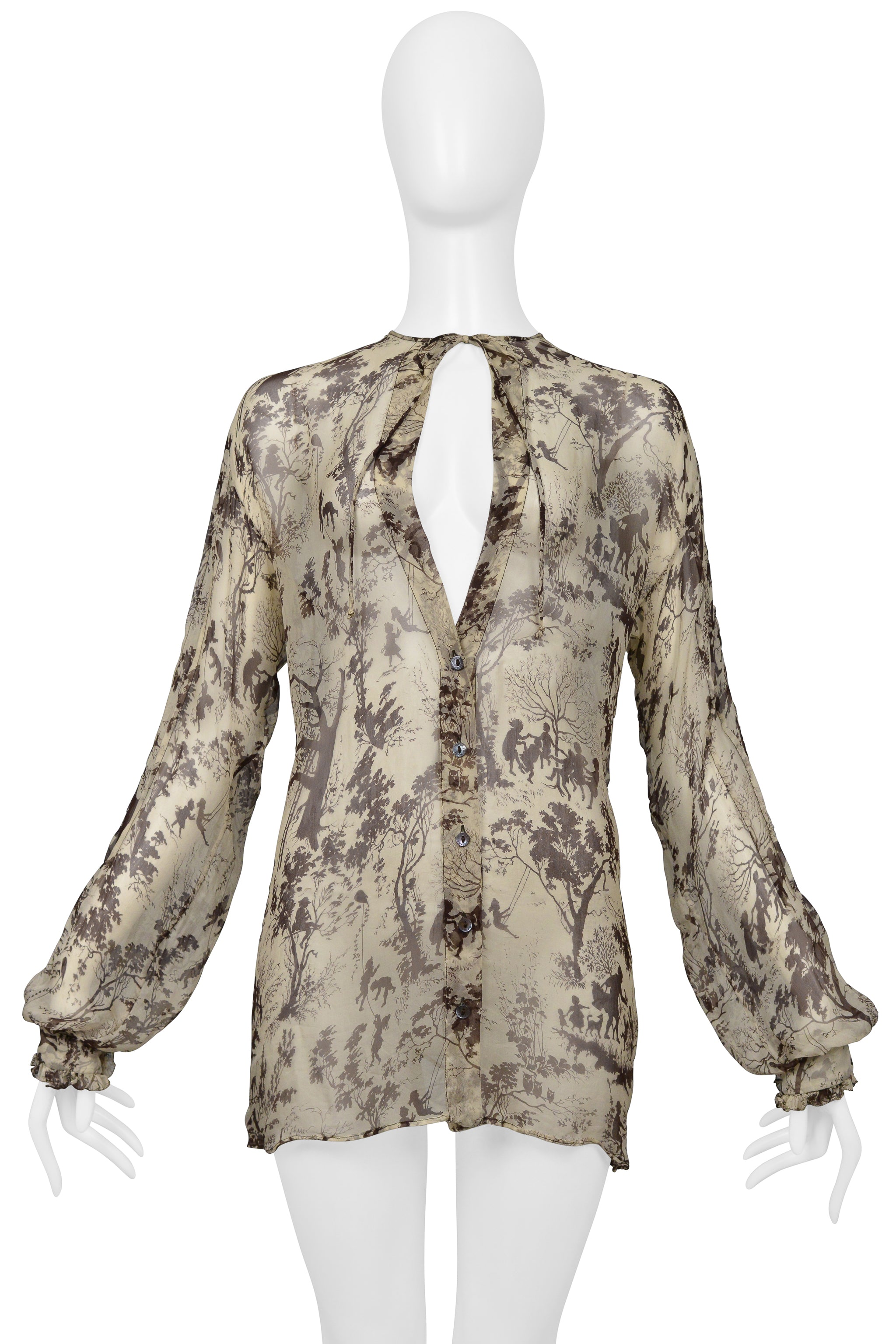 DOLCE & GABBANA SILK BLOUSE WITH BROWN PICTORIAL PRINT WITH TIES