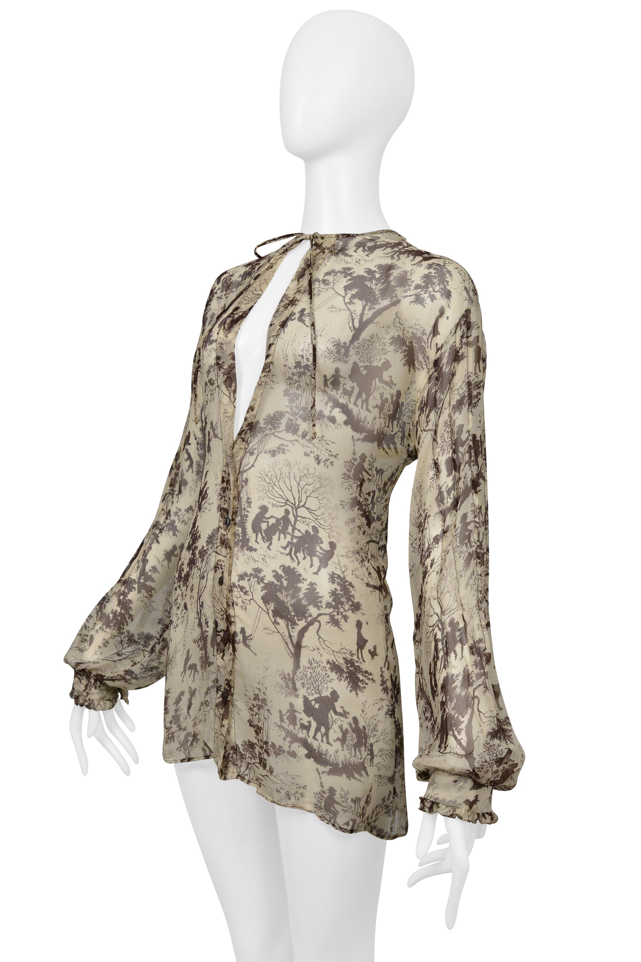 DOLCE & GABBANA SILK BLOUSE WITH BROWN PICTORIAL PRINT WITH TIES