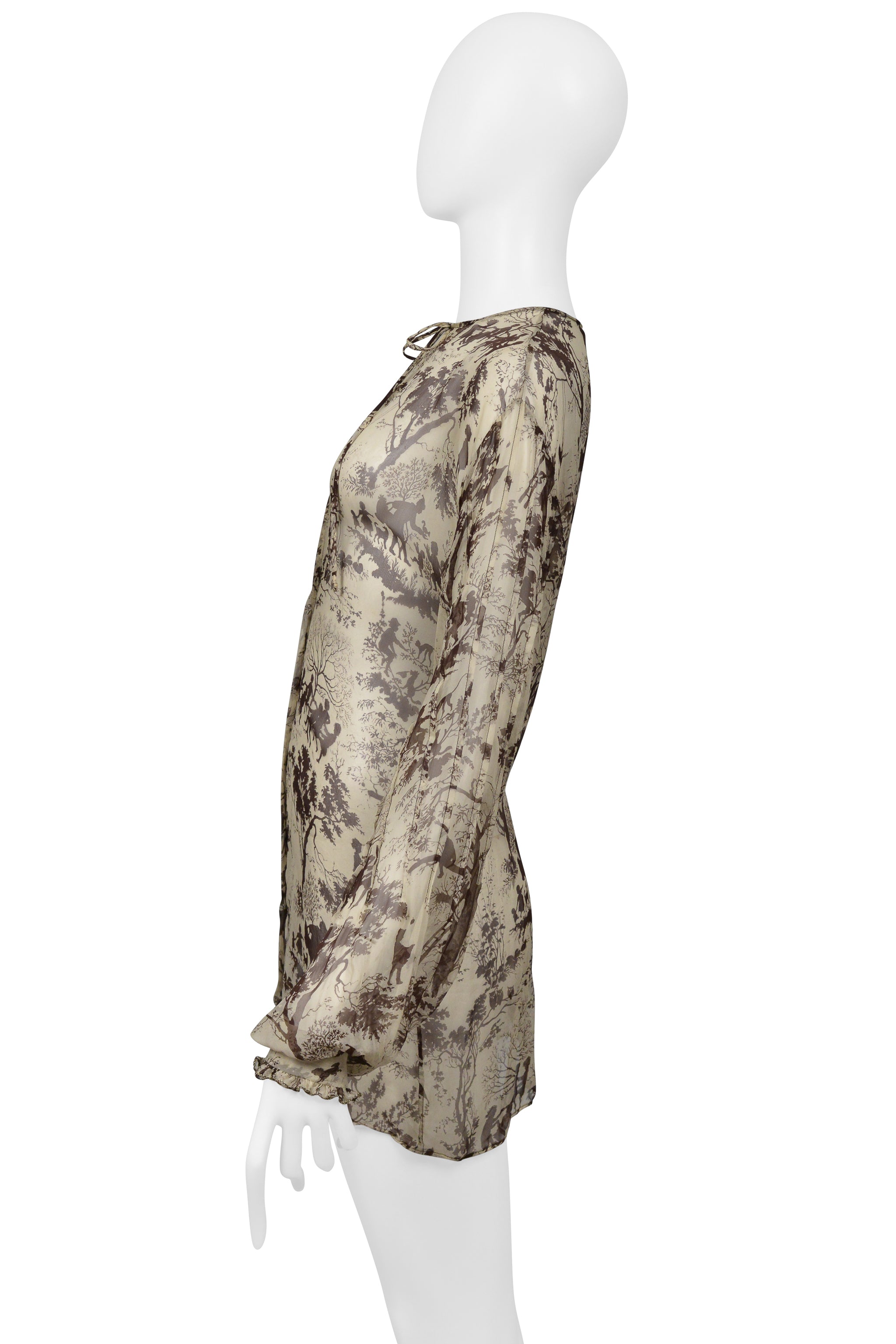 DOLCE & GABBANA SILK BLOUSE WITH BROWN PICTORIAL PRINT WITH TIES