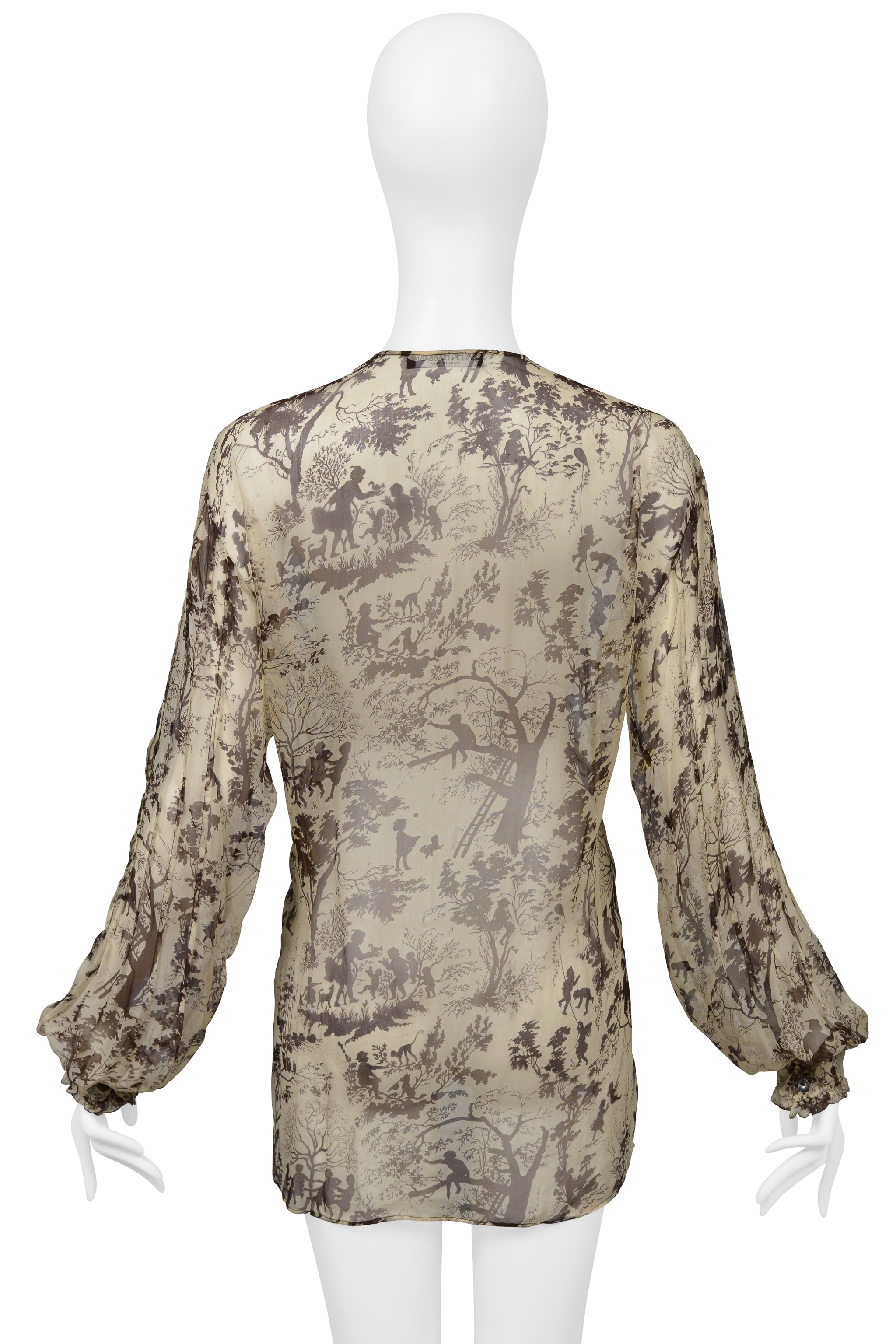 DOLCE & GABBANA SILK BLOUSE WITH BROWN PICTORIAL PRINT WITH TIES