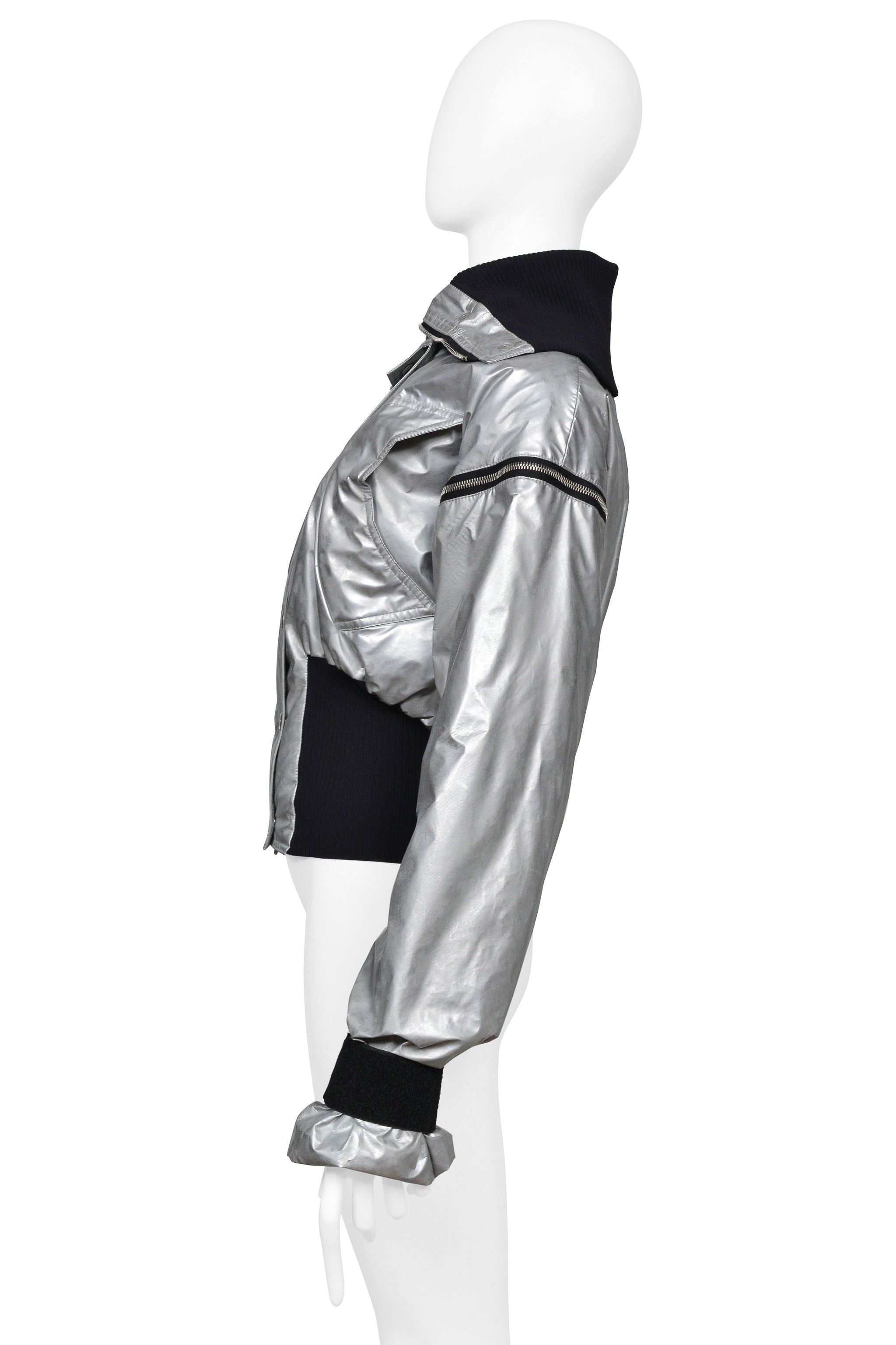 DOLCE & GABBANA SILVER METALLIC NYLON BOMBER WITH BLACK TRIM & ZIPPERS 2003