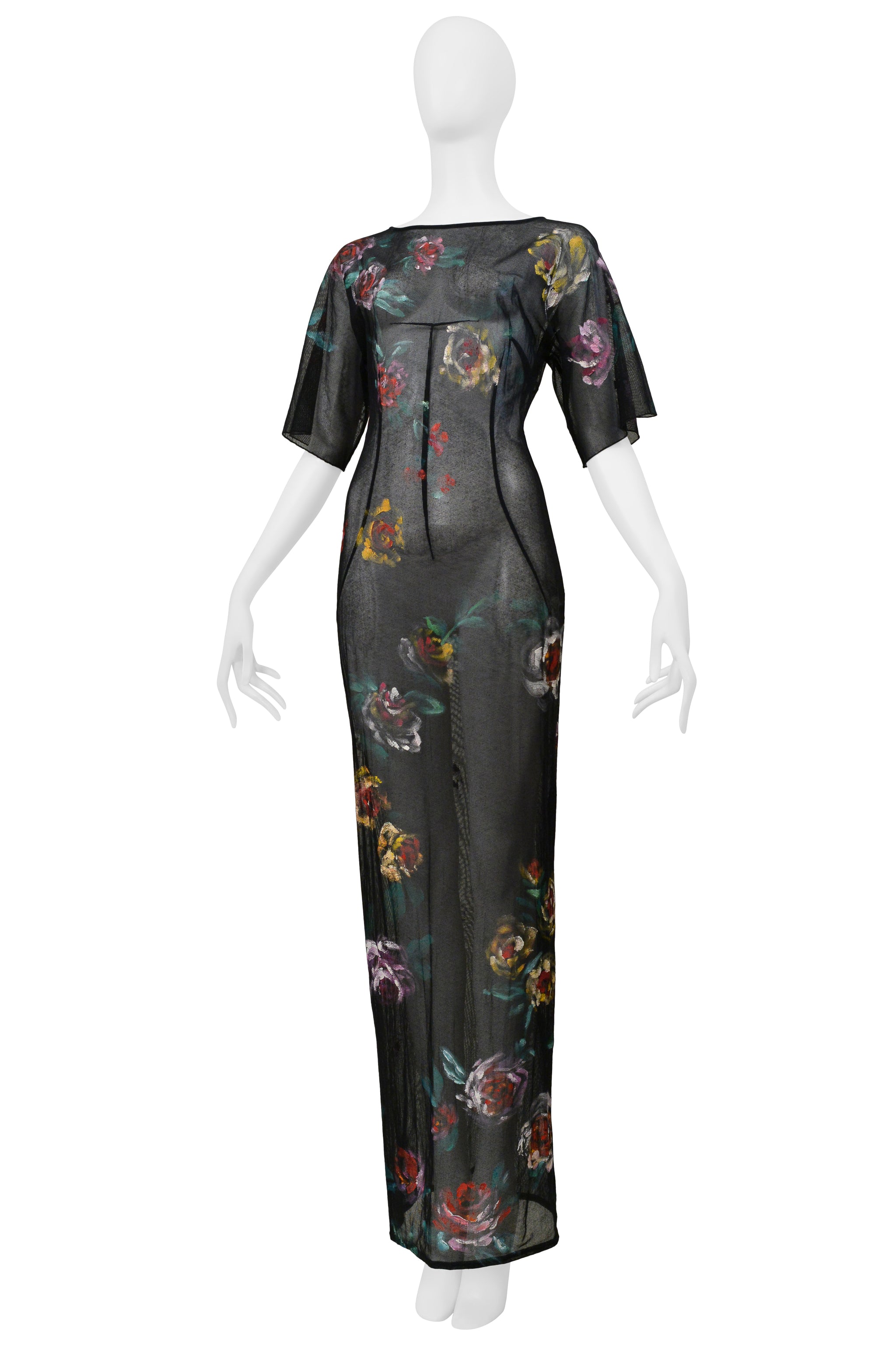 DOLCE & GABBANA BLACK MESH LONG DRESS WITH PAINTED ROSES 1998