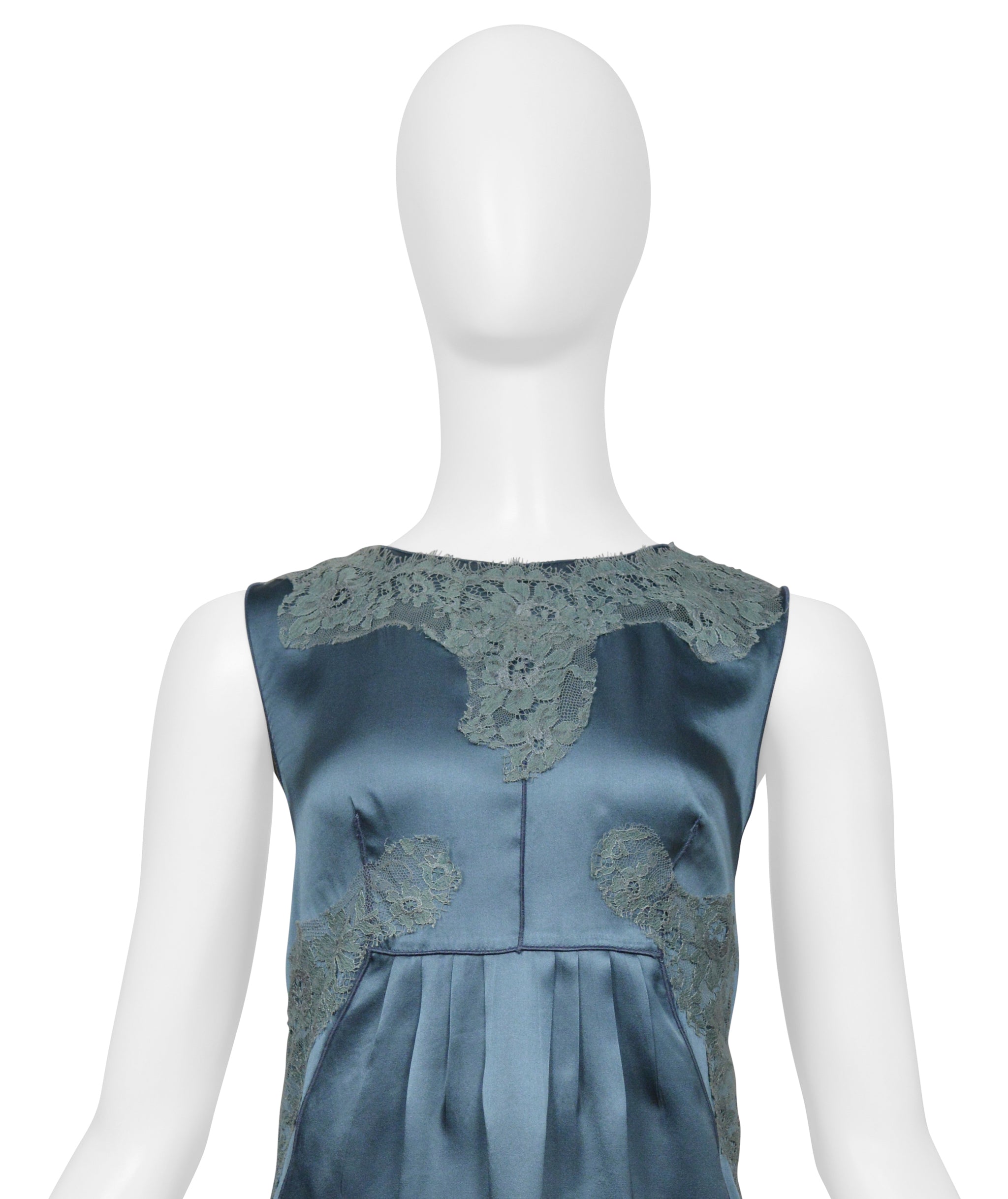 DOLCE & GABBANA TEAL BLUE SILK SLEEVELESS SHELL TOP WITH LACE