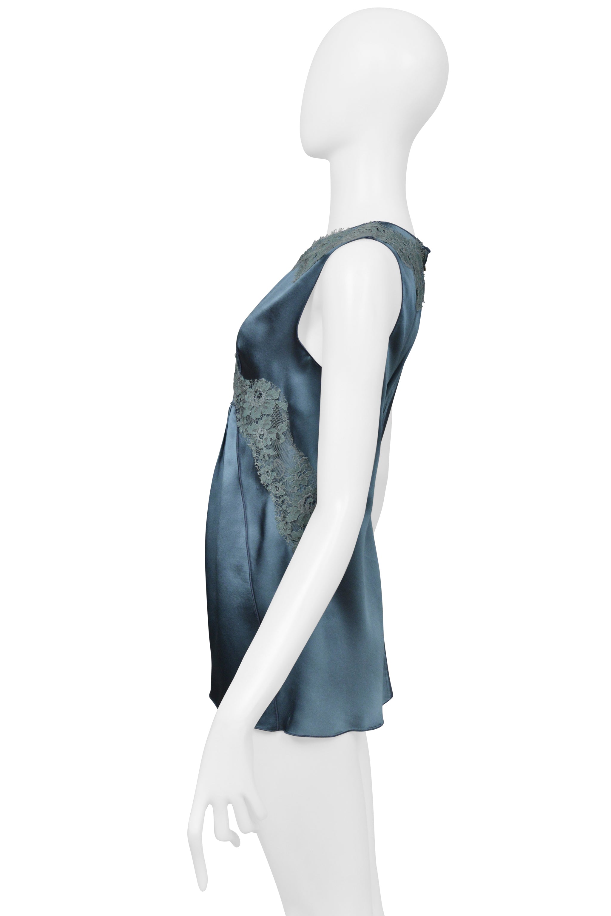 DOLCE & GABBANA TEAL BLUE SILK SLEEVELESS SHELL TOP WITH LACE