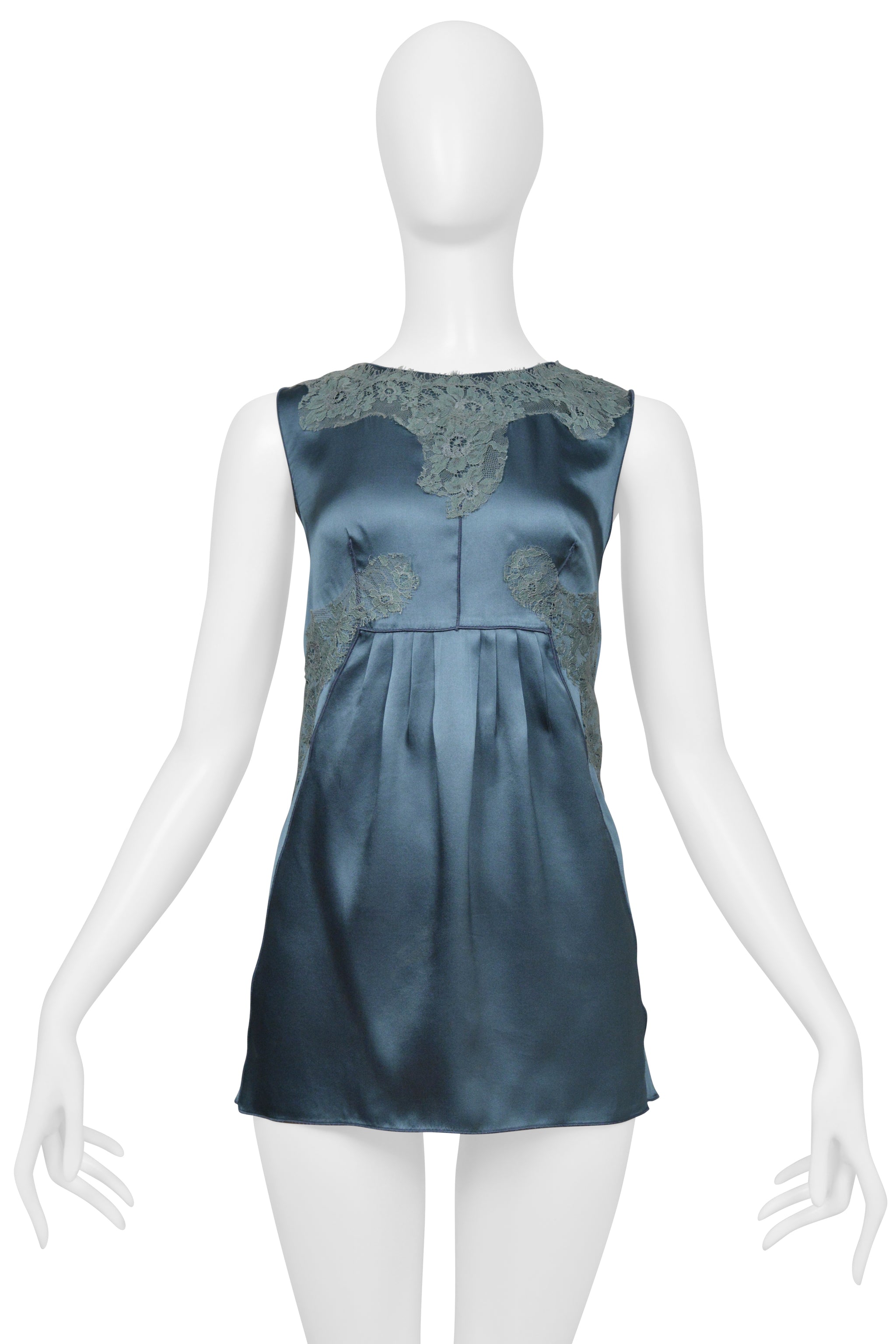 DOLCE & GABBANA TEAL BLUE SILK SLEEVELESS SHELL TOP WITH LACE