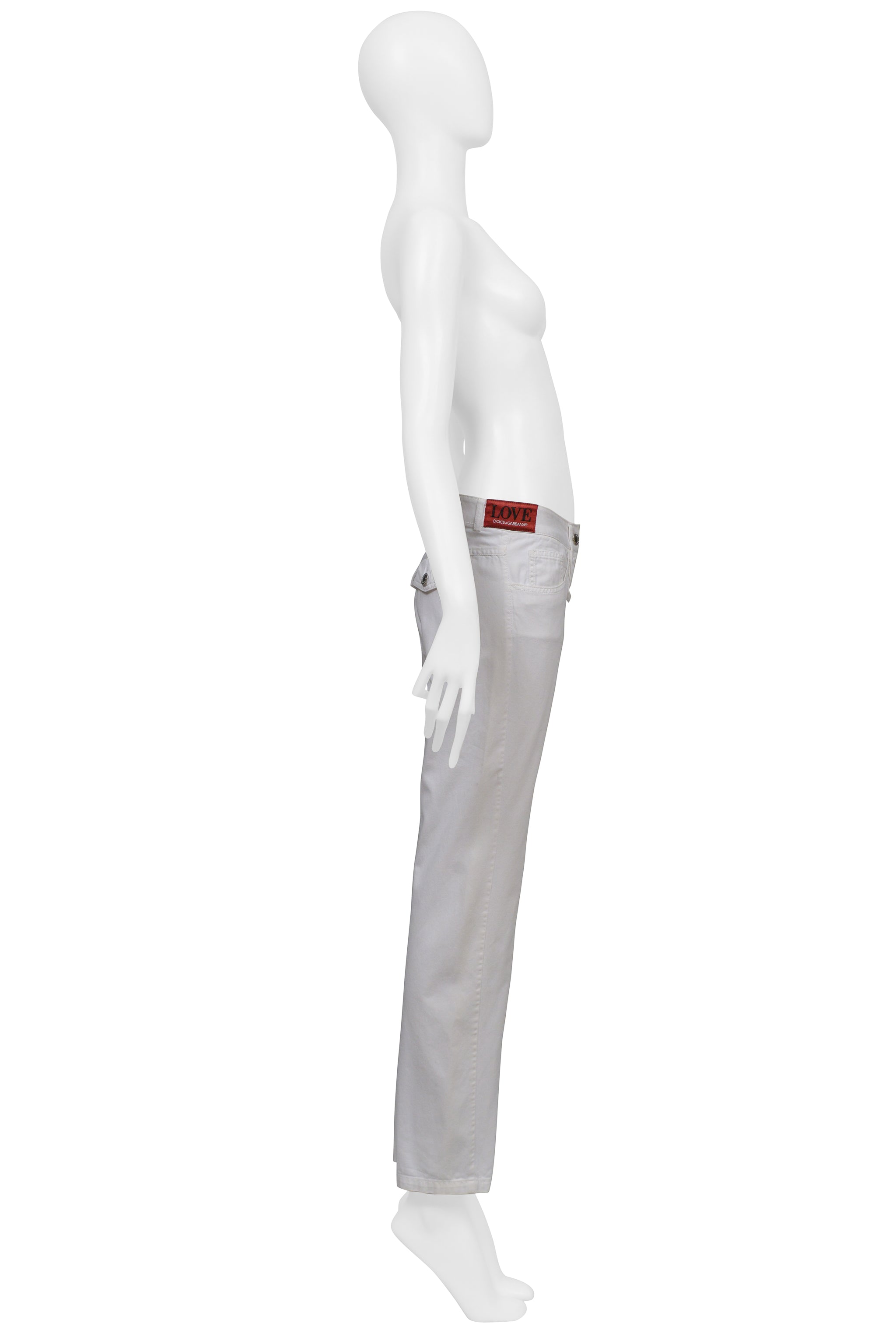 DOLCE & GABBANA WHITE PANTS GIANT BELT LOOPS AND LOVE PATCH