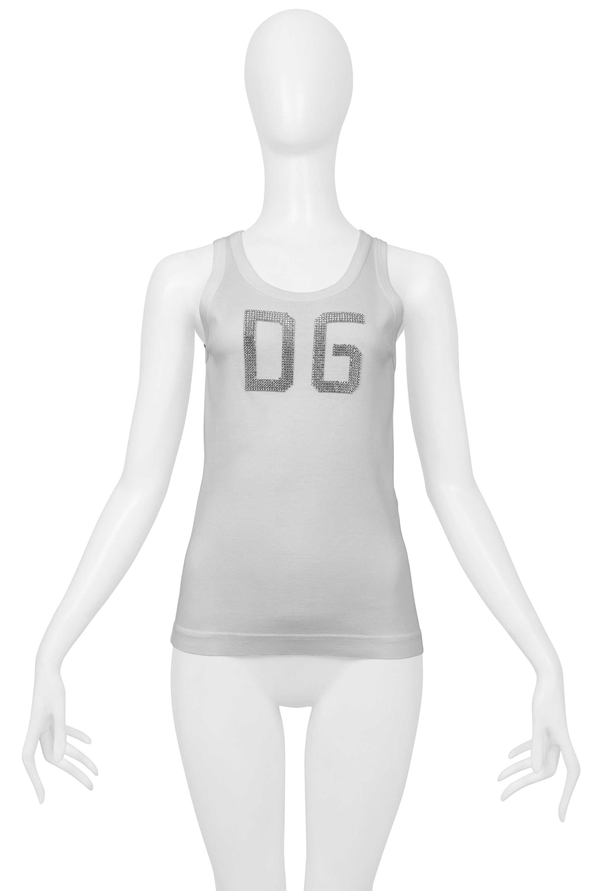 DOLCE & GABBANA WHITE TANK TOP WITH SILVER RHINESTONE "D&G"