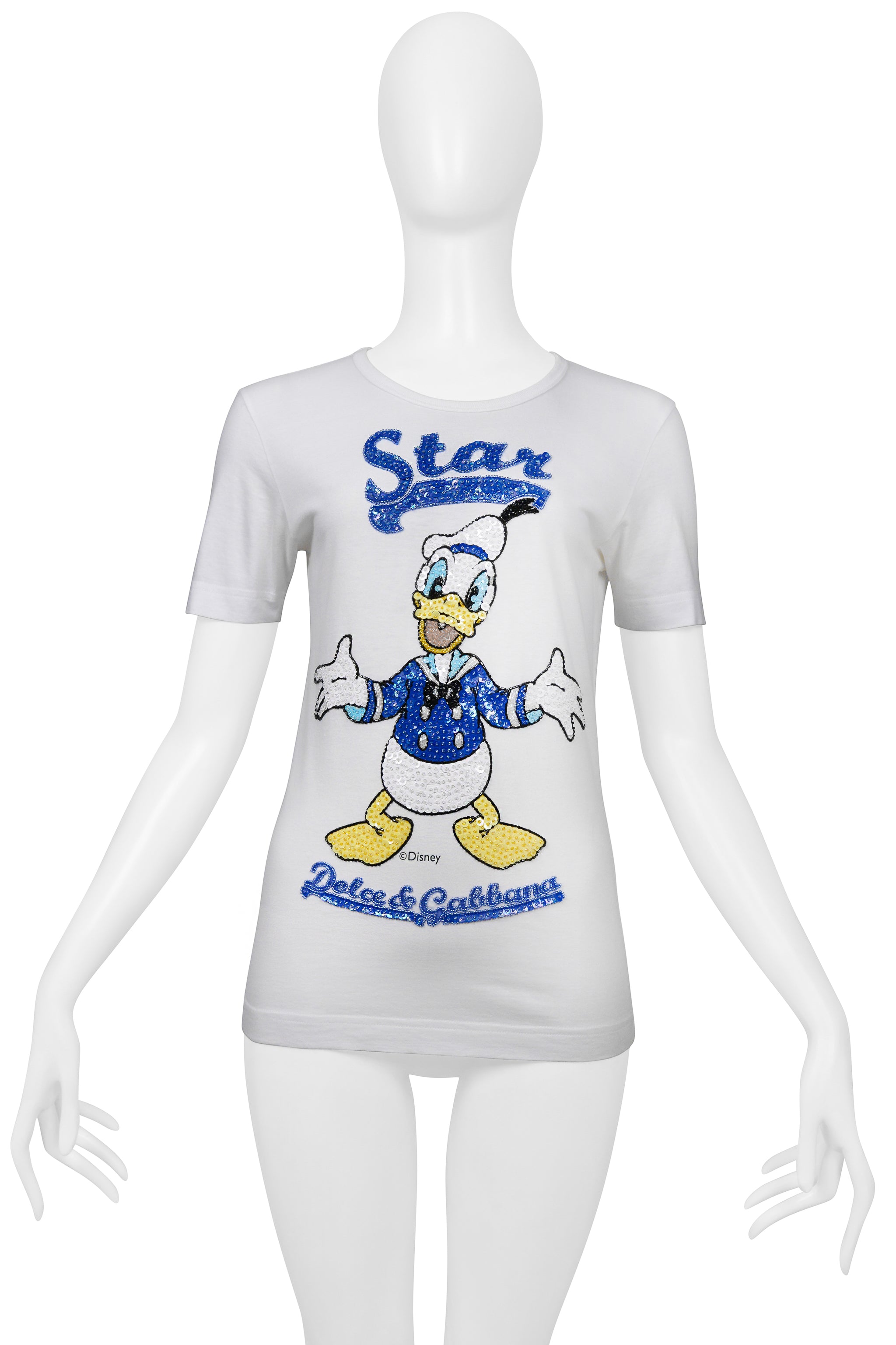 DOLCE & GABBANA WHITE "STAR" T-SHIRT W SEQUINED DONALD DUCK