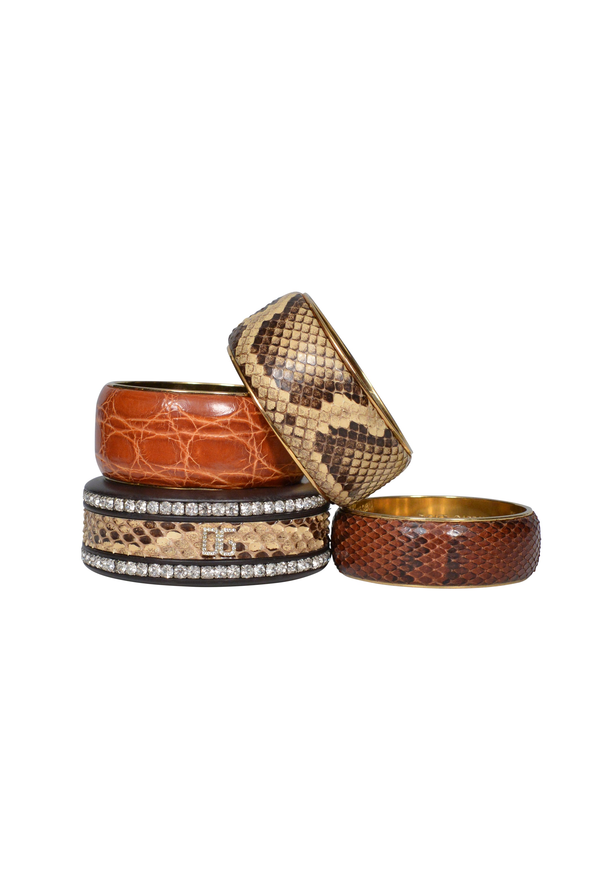 DOLCE & GABBANA WOOD BANGLE BRACELET WITH PYTHON & "D&G" LOGO & RHINESTONES