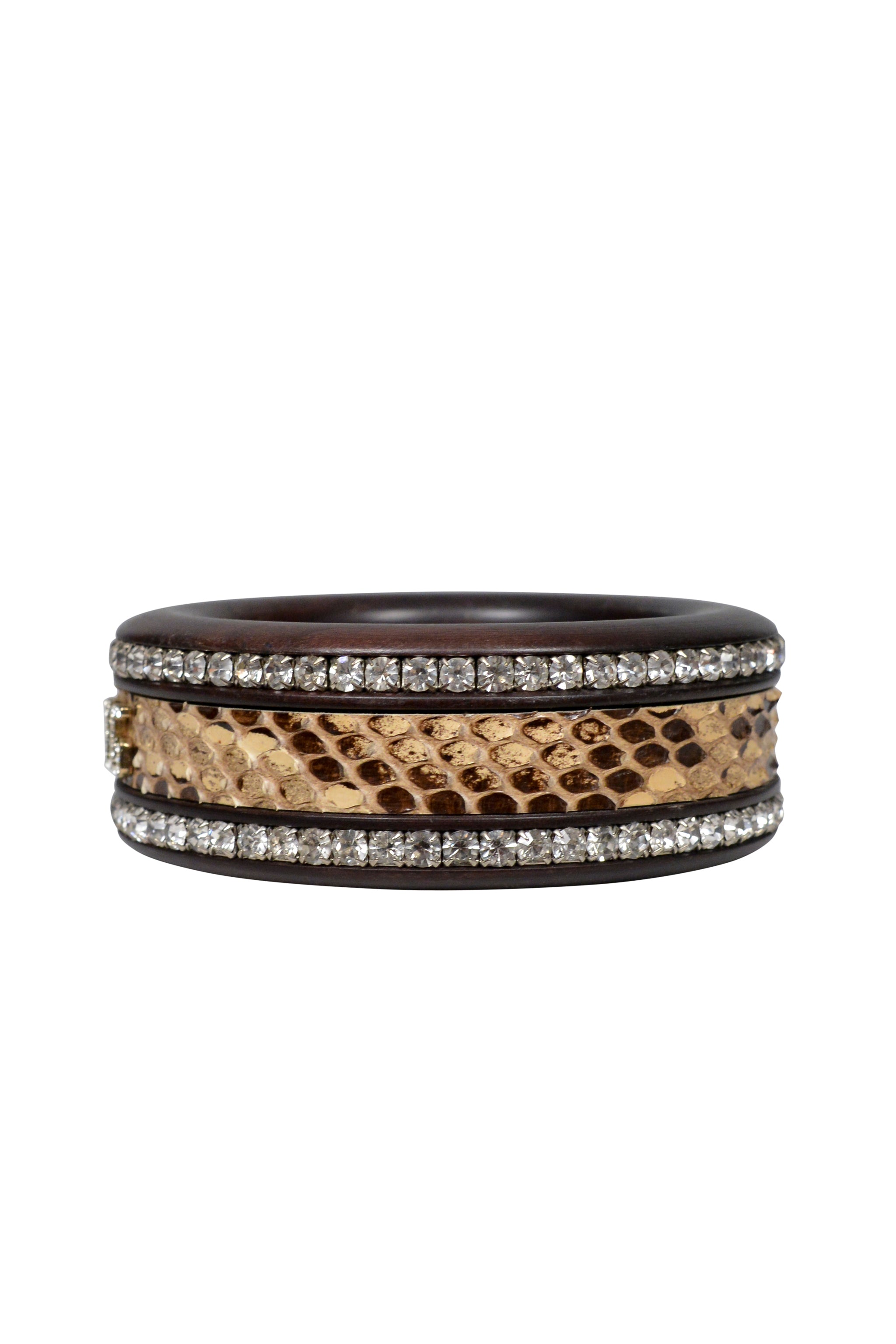 DOLCE & GABBANA WOOD BANGLE BRACELET WITH PYTHON & "D&G" LOGO & RHINESTONES