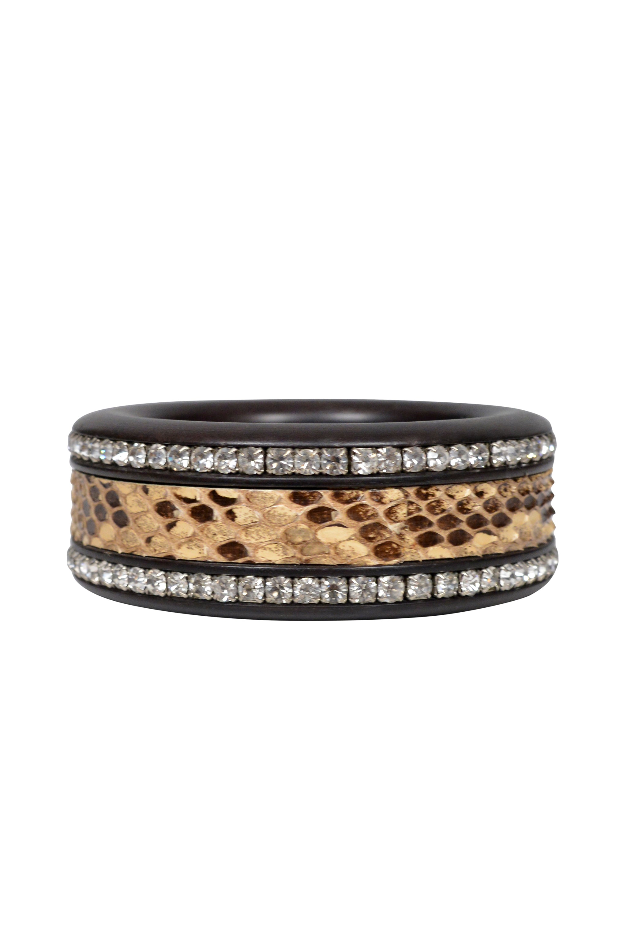 DOLCE & GABBANA WOOD BANGLE BRACELET WITH PYTHON & "D&G" LOGO & RHINESTONES