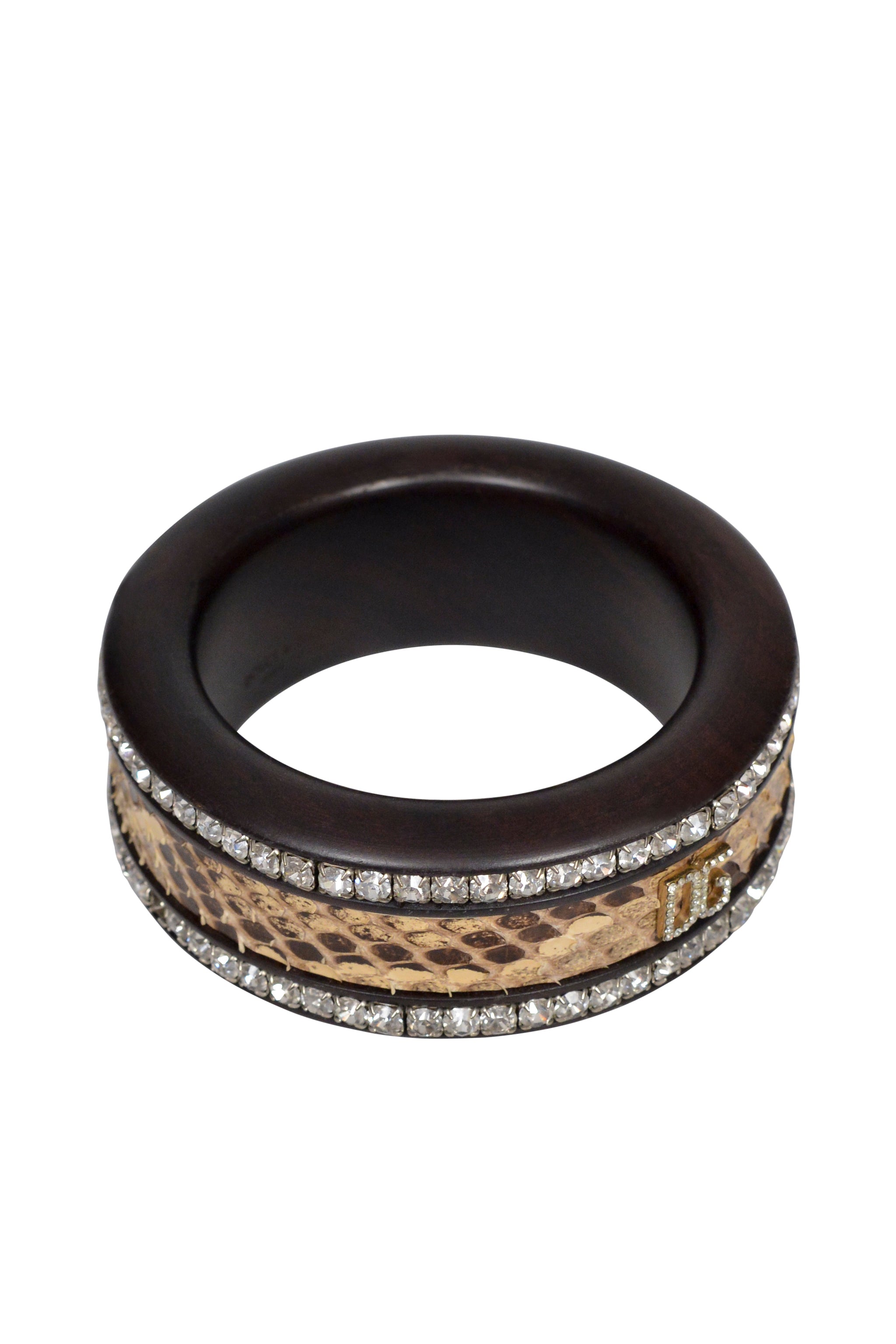 DOLCE & GABBANA WOOD BANGLE BRACELET WITH PYTHON & "D&G" LOGO & RHINESTONES